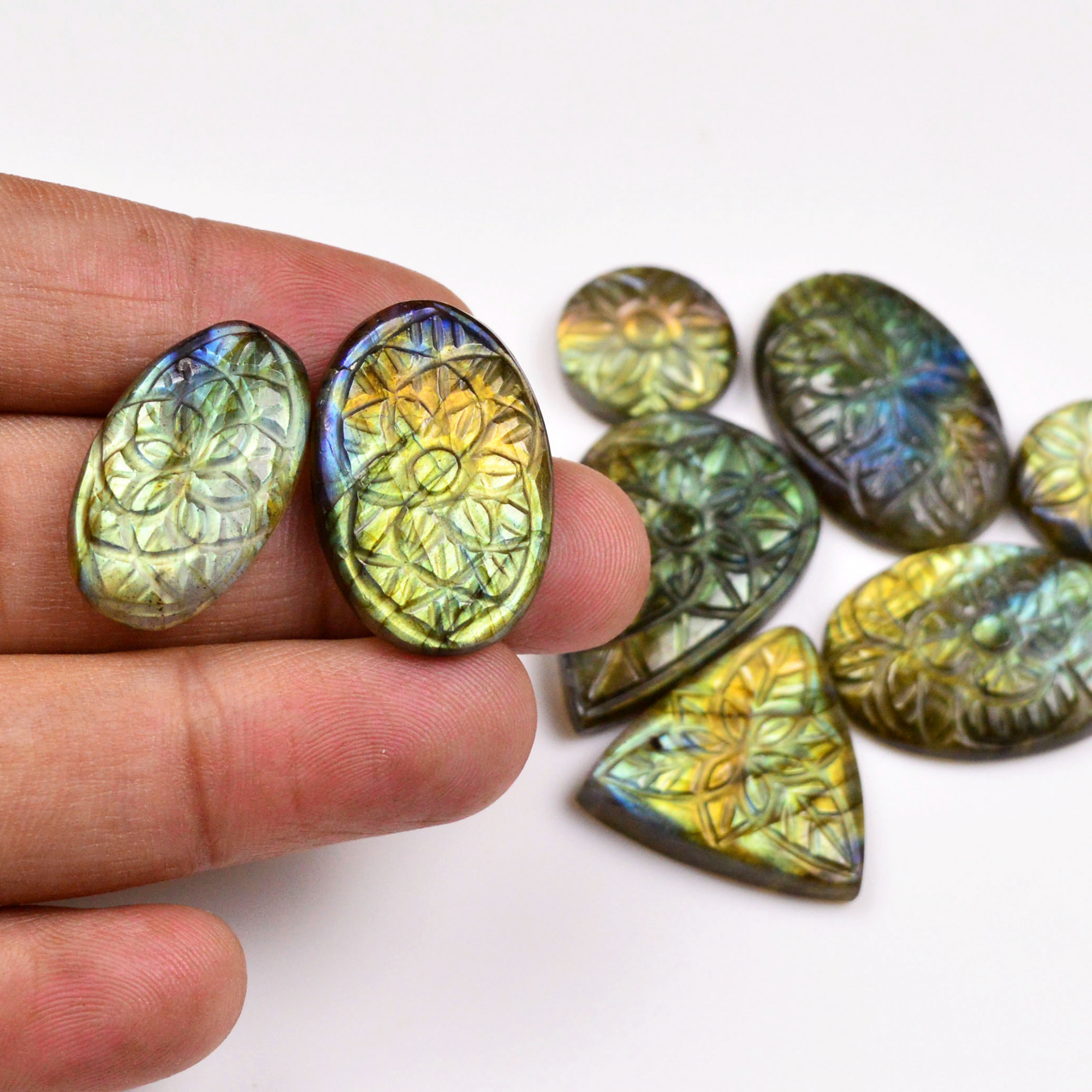 8 Pcs 160 Cts Natural Labradorite Mughal Carving Cabachon Lot For Jewelry Making 31x20 15x15mm 19949