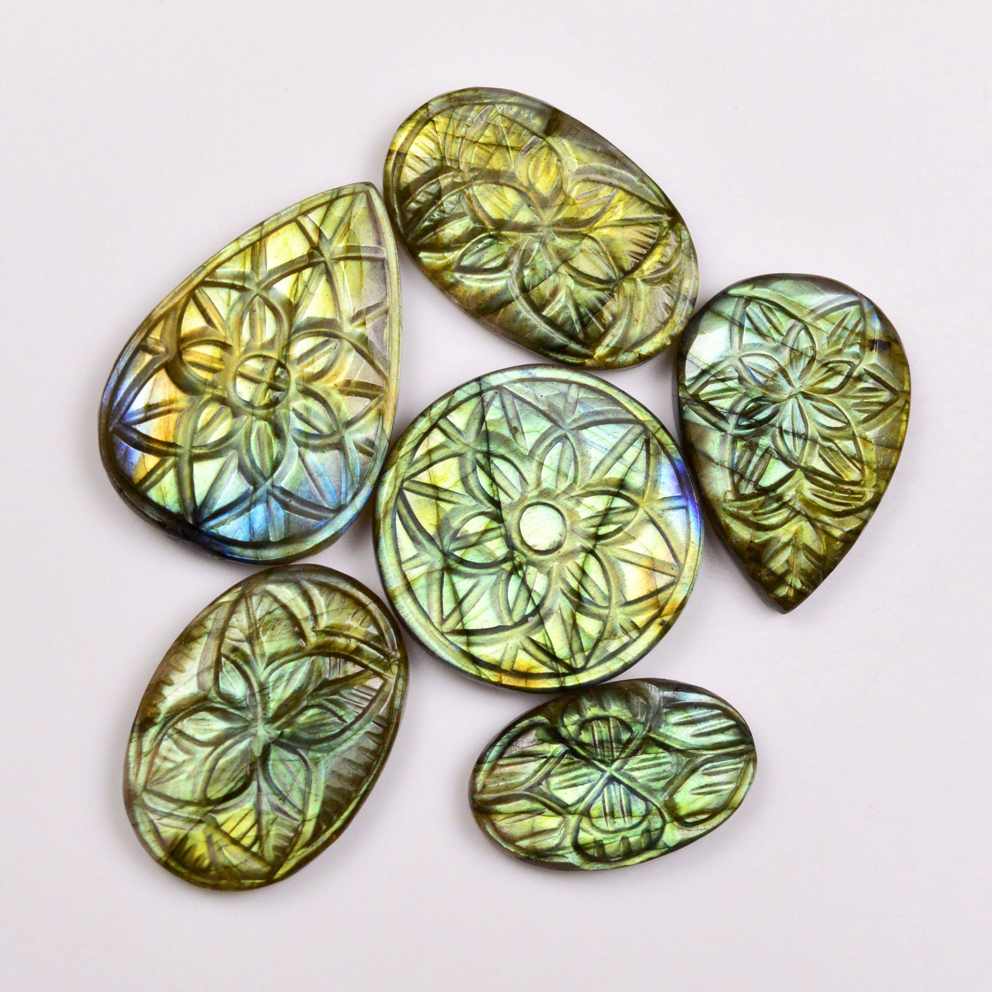 6 Pcs 136 Cts  Natural Labradorite Mughal Carving Cabachon Lot For Jewelry Making 31x21 21x13mm 19950