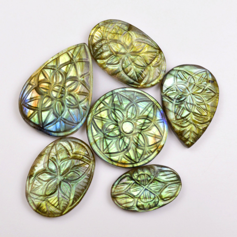 Image of 6 Pcs 136 Cts  Natural Labradorite Mughal Carving Cabachon Lot For Jewelry Making 31x21 21x13mm #19950