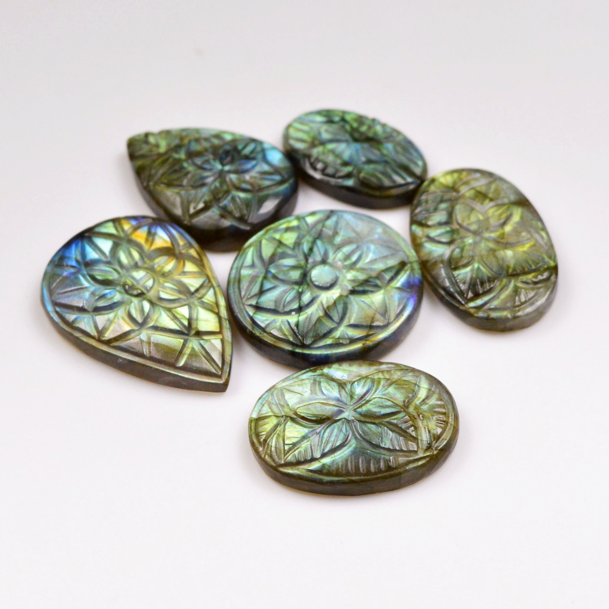 6 Pcs 136 Cts Natural Labradorite Mughal Carving Cabachon Lot For Jewelry Making 31x21 21x13mm 19950