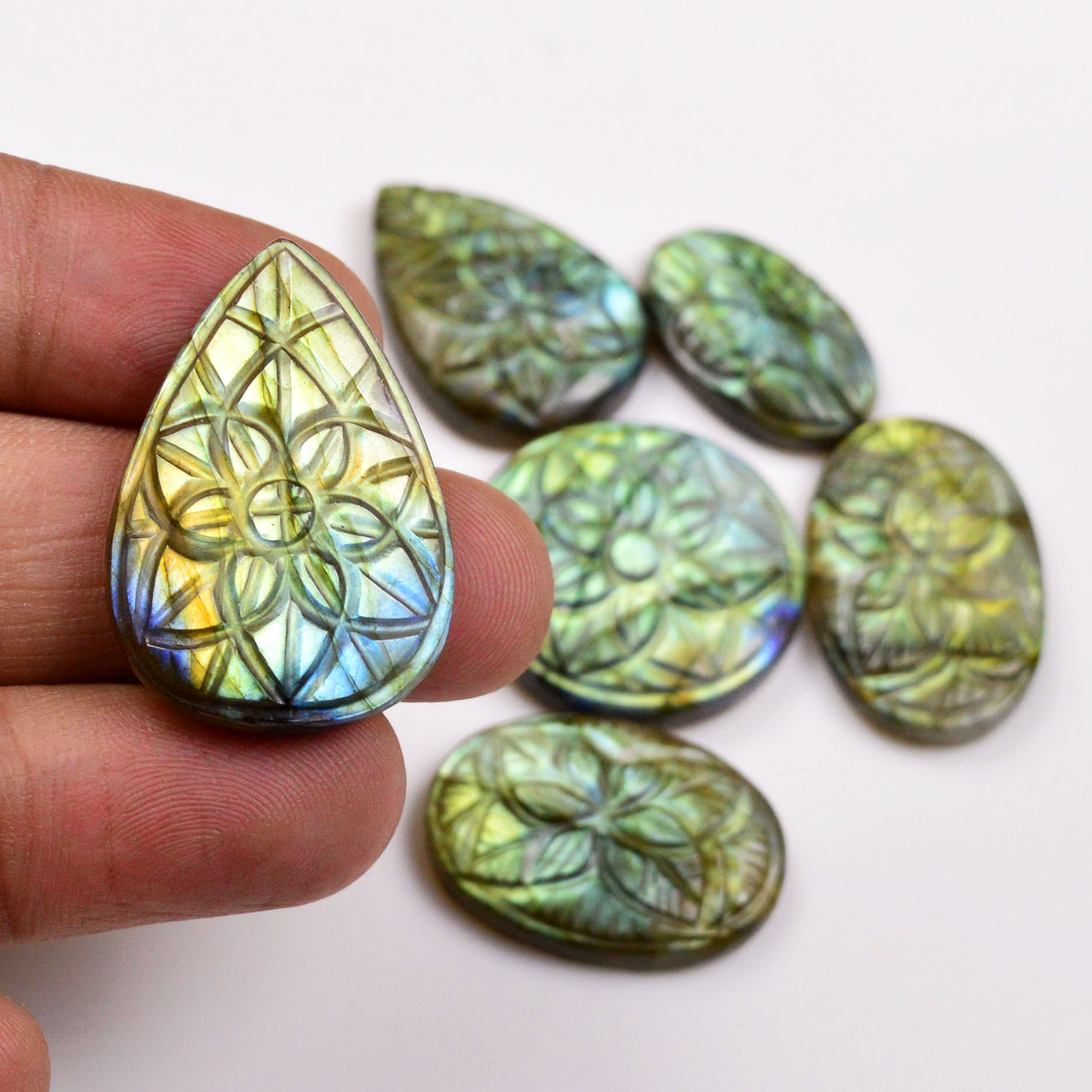 6 Pcs 136 Cts  Natural Labradorite Mughal Carving Cabachon Lot For Jewelry Making 31x21 21x13mm 19950