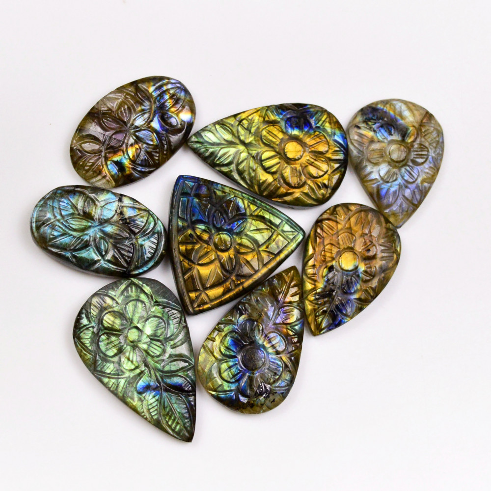 Image of 8 Pcs 226 Cts  Natural Labradorite Mughal Carving Cabachon Lot For Jewelry Making 34x22 27x17mm #19952