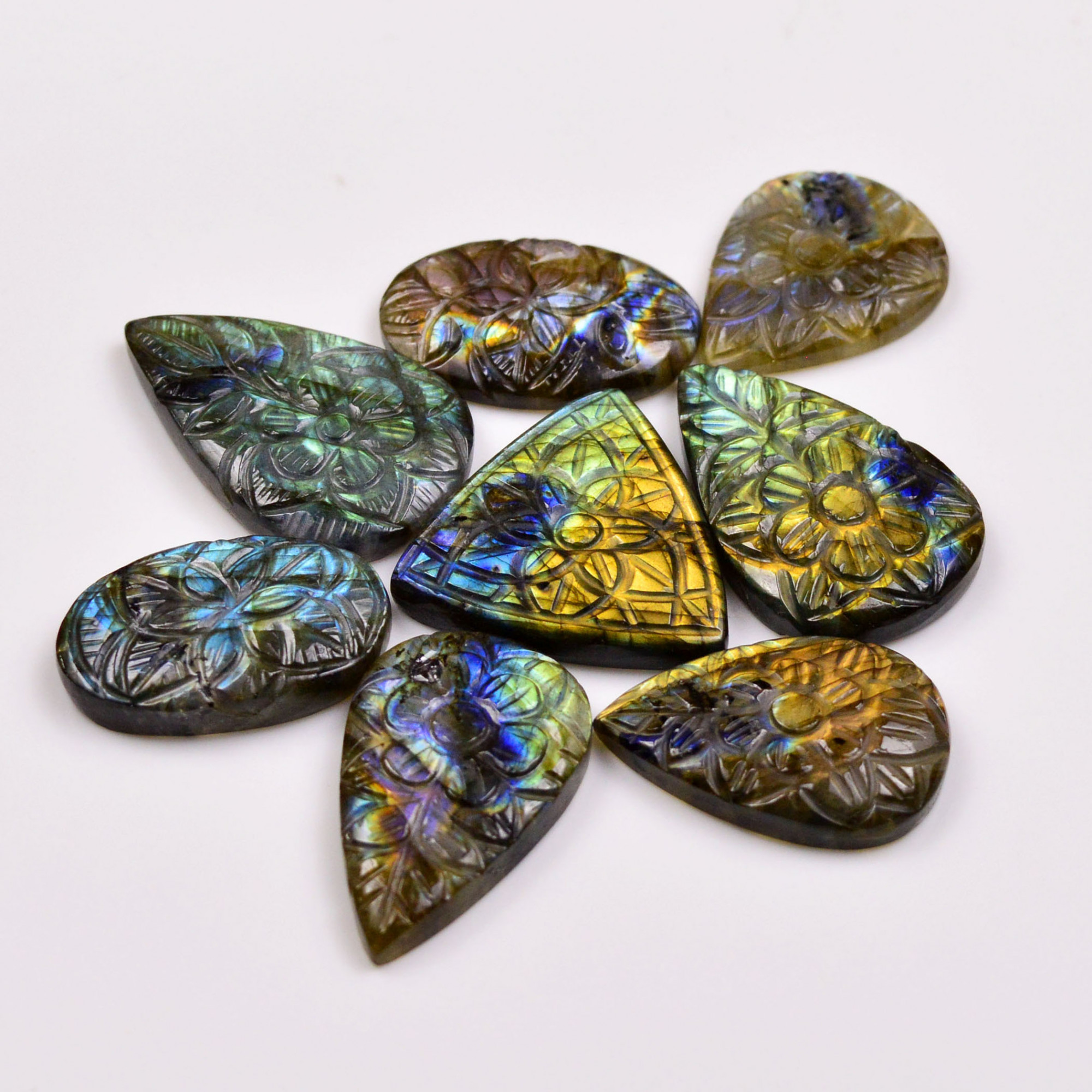 8 Pcs 226 Cts  Natural Labradorite Mughal Carving Cabachon Lot For Jewelry Making 34x22 27x17mm 19952