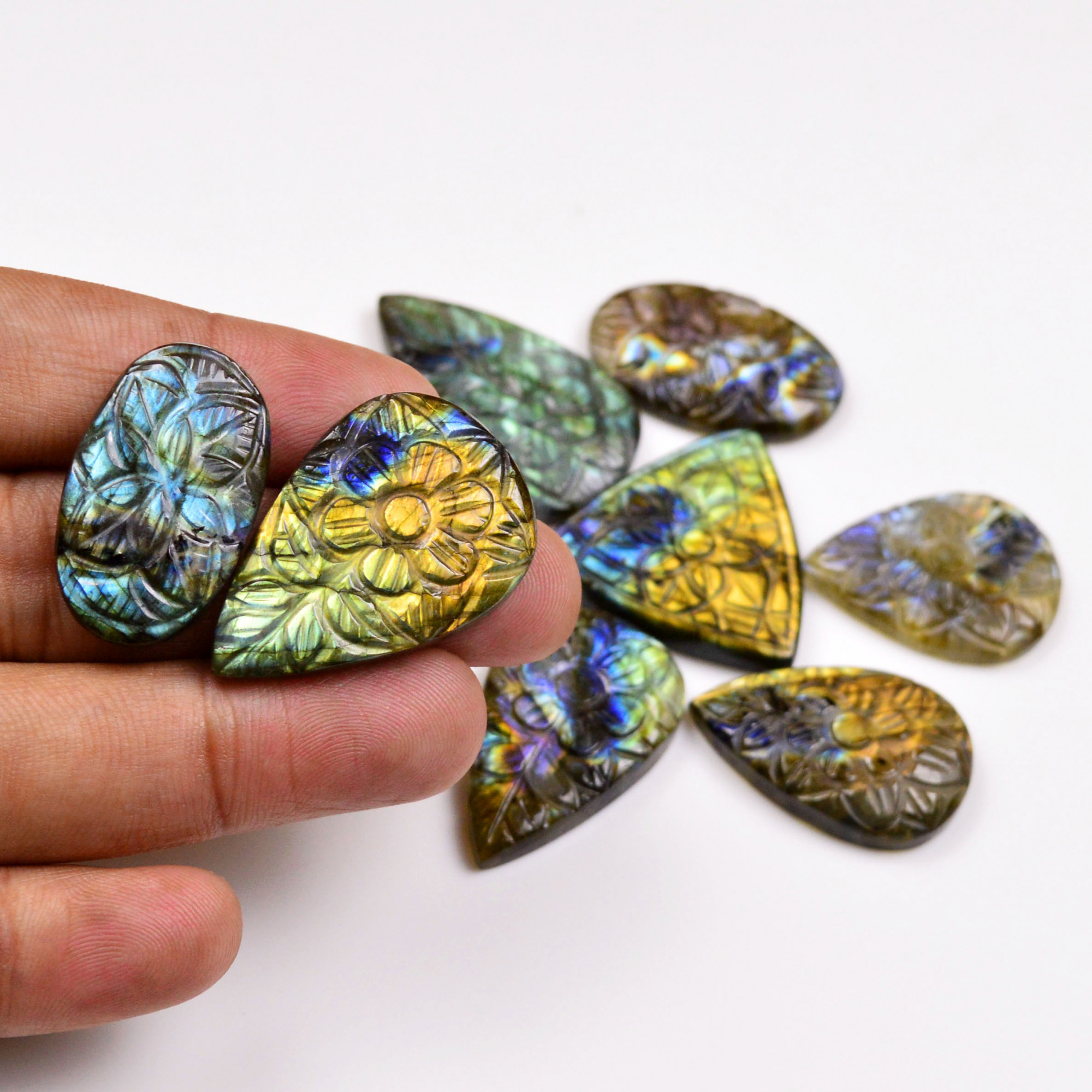 8 Pcs 226 Cts Natural Labradorite Mughal Carving Cabachon Lot For Jewelry Making 34x22 27x17mm 19952