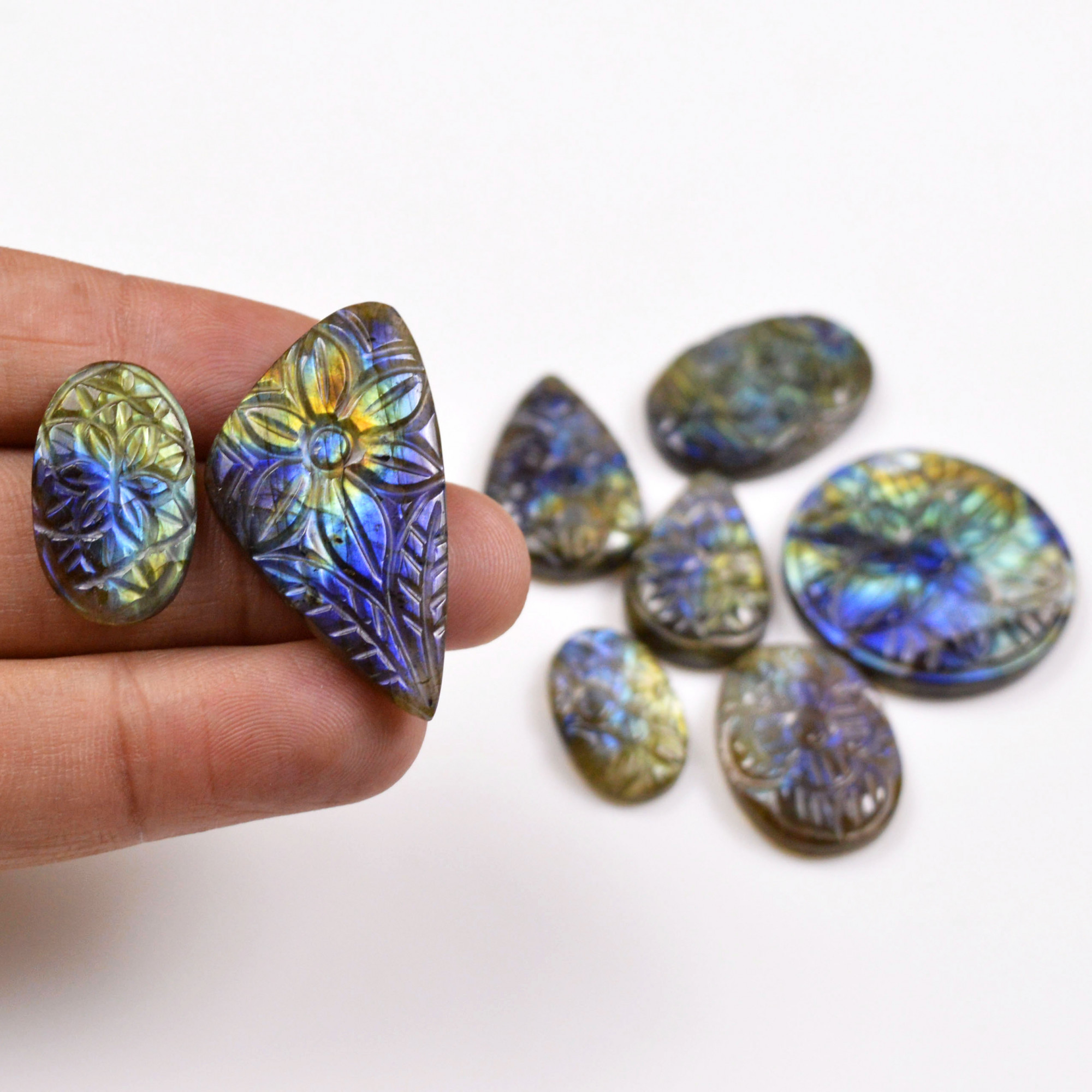 8 Pcs 158 Cts  Natural Labradorite Mughal Carving Cabachon Lot For Jewelry Making 36x20 19x12mm 19953