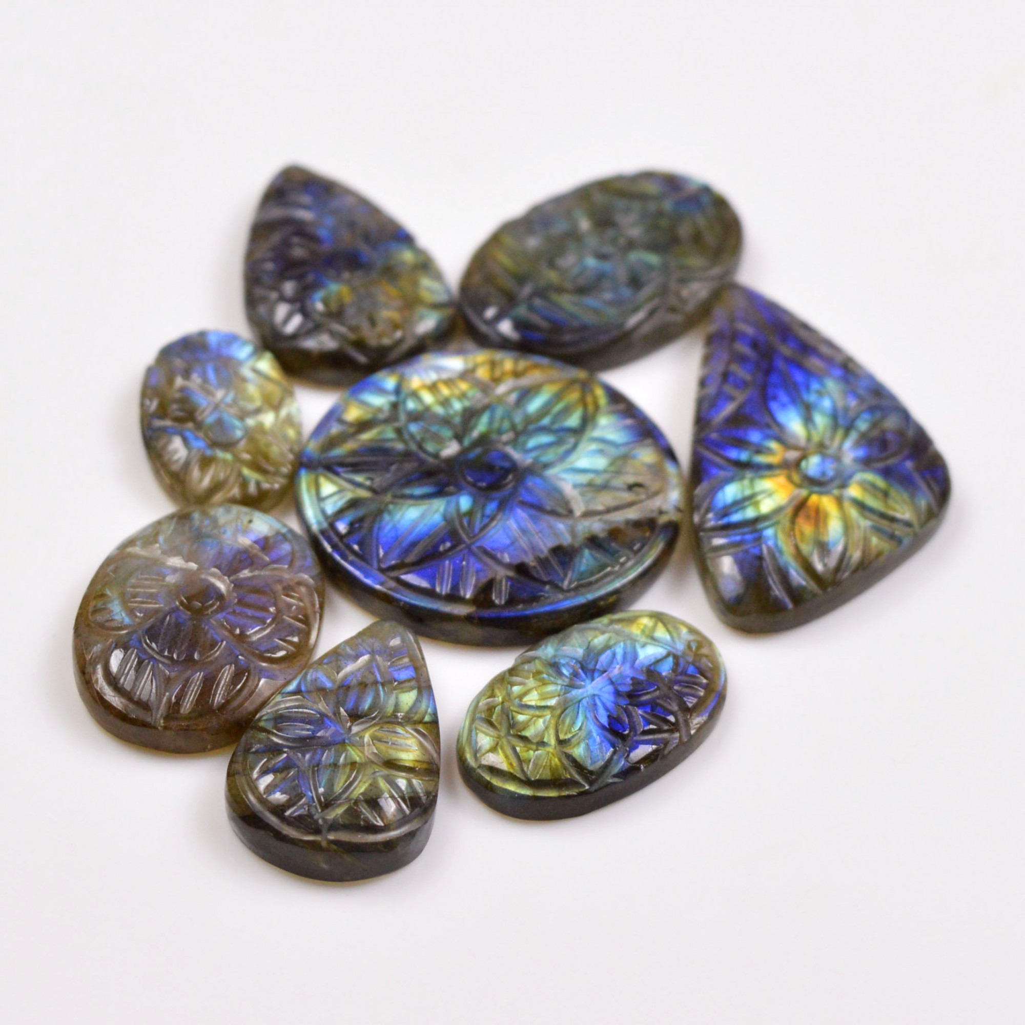 8 Pcs 158 Cts Natural Labradorite Mughal Carving Cabachon Lot For Jewelry Making 36x20 19x12mm 19953