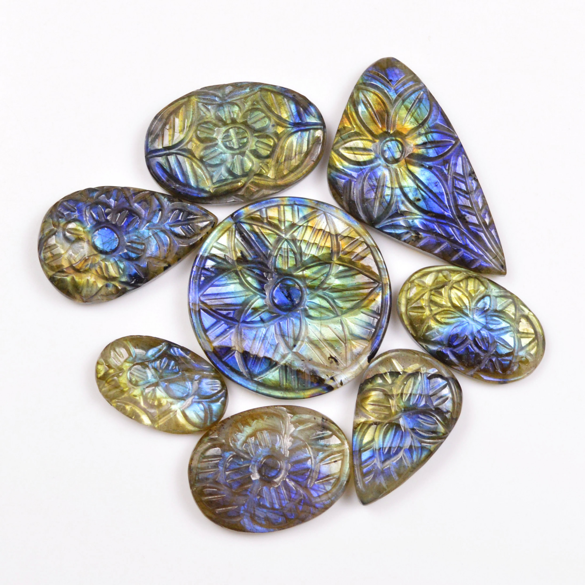 8 Pcs 158 Cts  Natural Labradorite Mughal Carving Cabachon Lot For Jewelry Making 36x20 19x12mm 19953