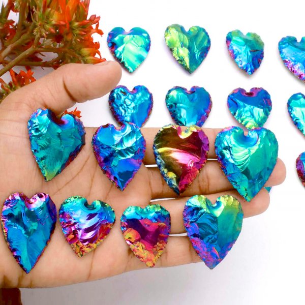 Aura Coated Obsidian Heart Carving