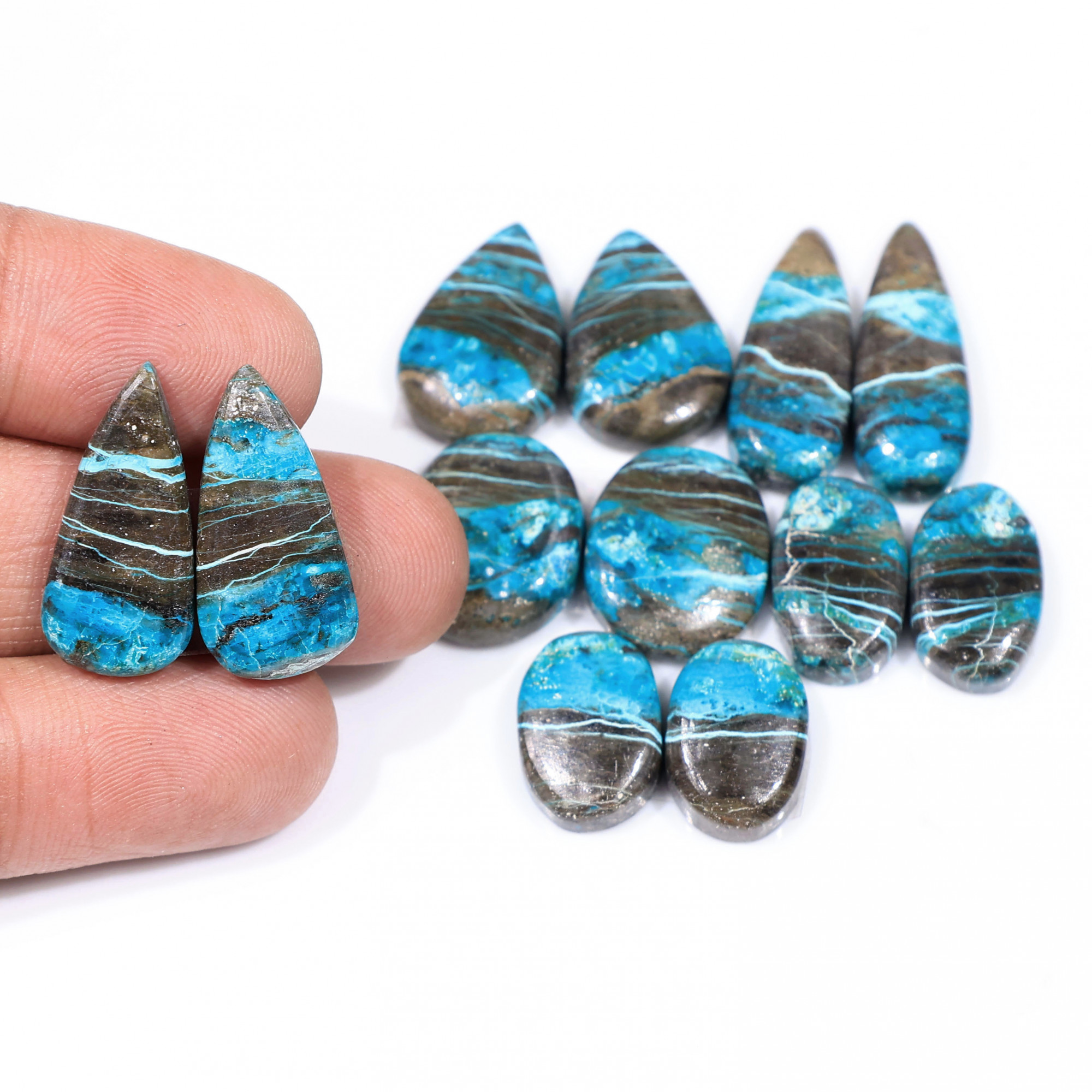 6 Pair 94 Cts Natural chrysocolla Cabochon Gemstone Pairs Lot for Earrings Jewelry Making 22x10 14x10mm 20116