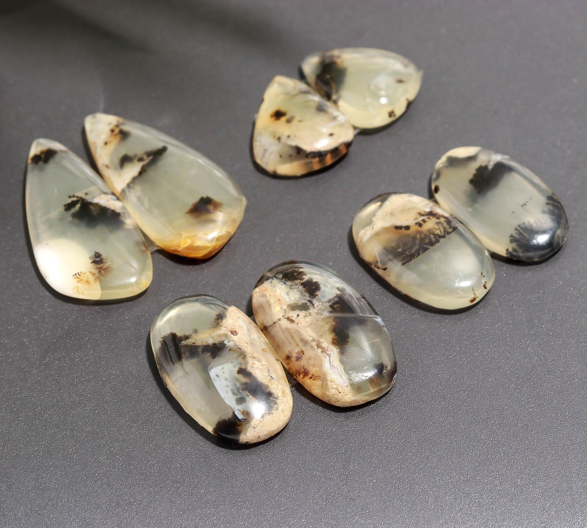 6 Pair 94 Cts  Natural Dendrite Agate Pair Cabochon Lot Loose Gemstones Jewelry Making 29x14 16x13mm 20016