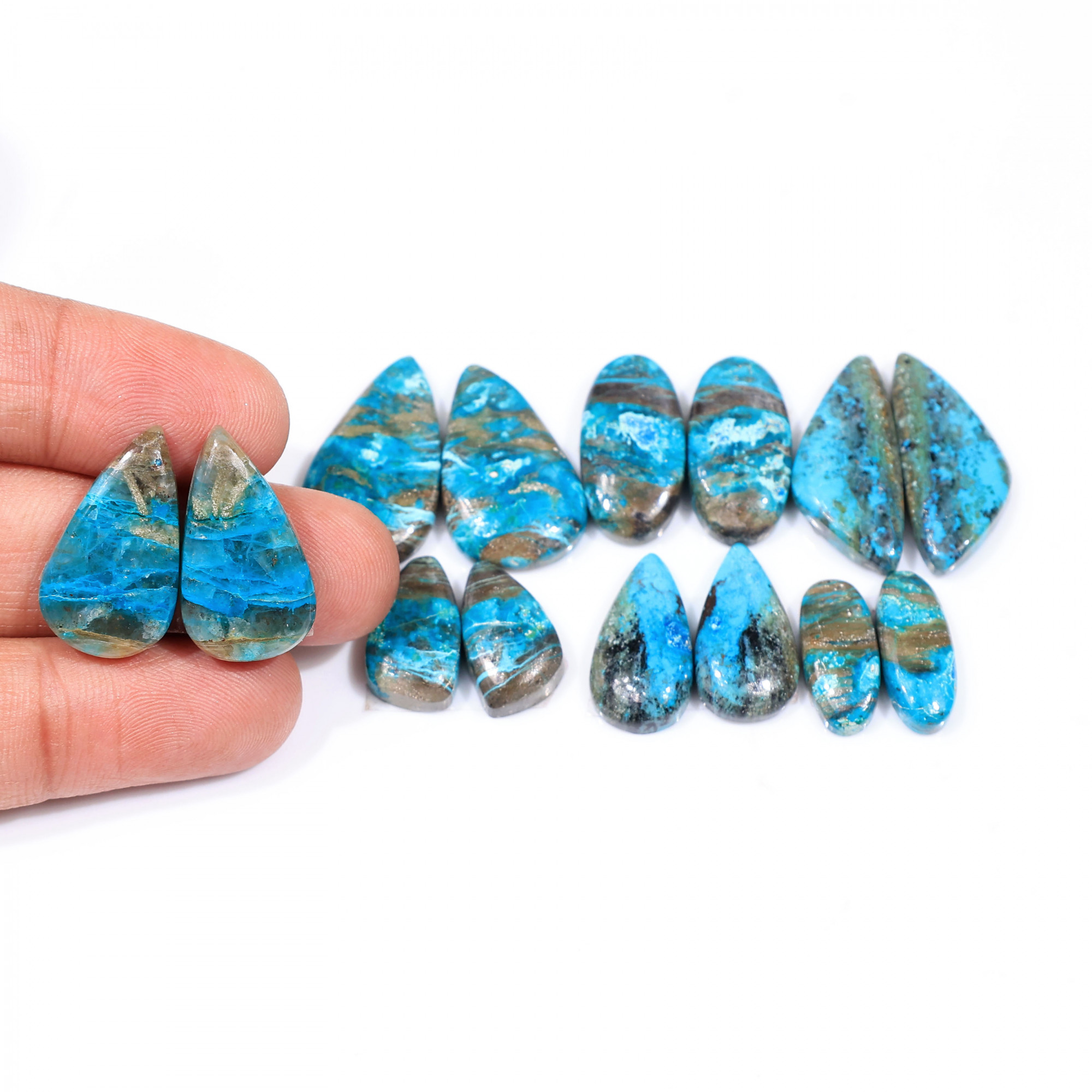 7 Pair 118 Cts  Natural chrysocolla Cabochon Gemstone Pairs Lot for Earrings Jewelry Making 24x13 16x6mm 20117