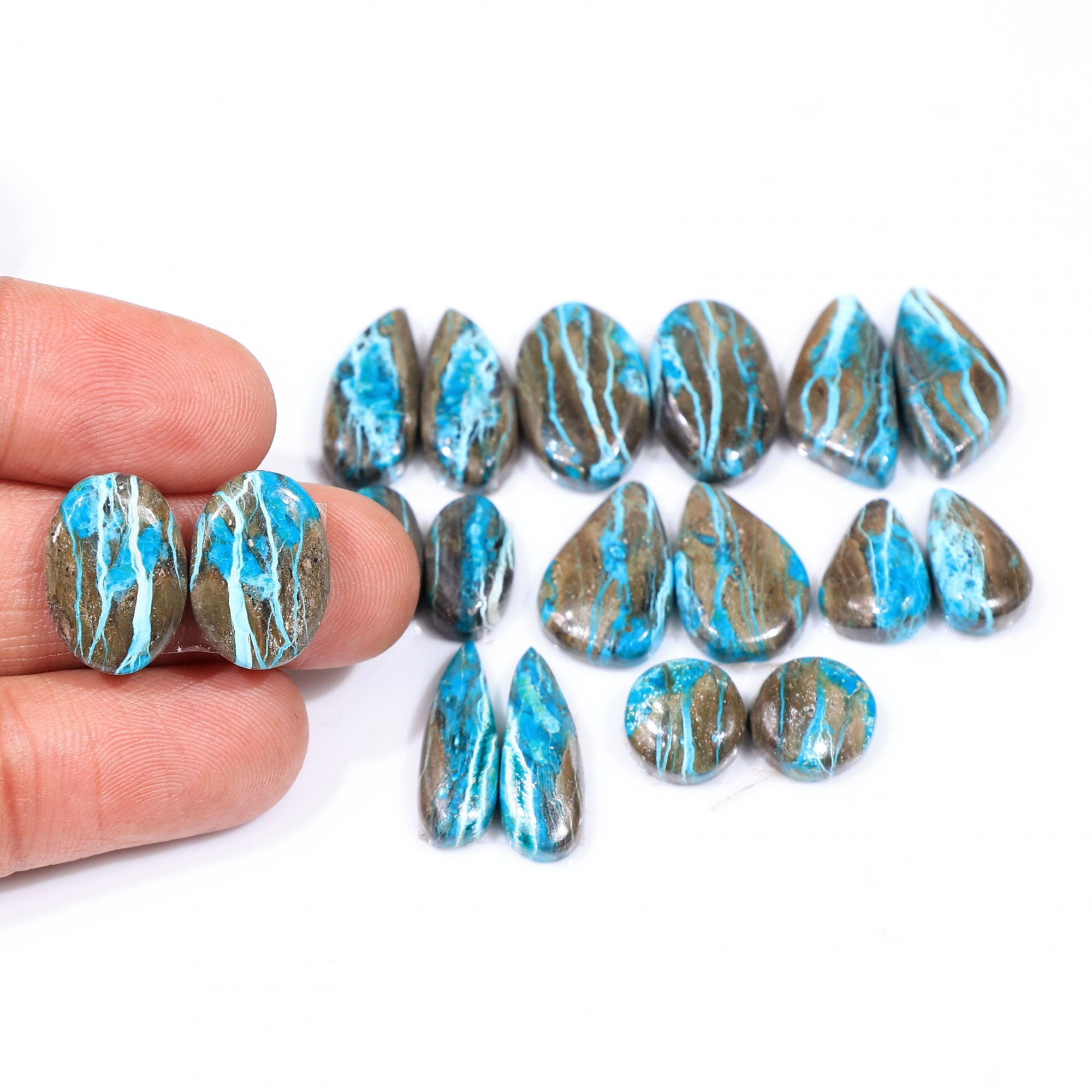 9 Pair 96 Cts  Natural chrysocolla Cabochon Gemstone Pairs Lot for Earrings Jewelry Making 17x11 10x10mm 20118
