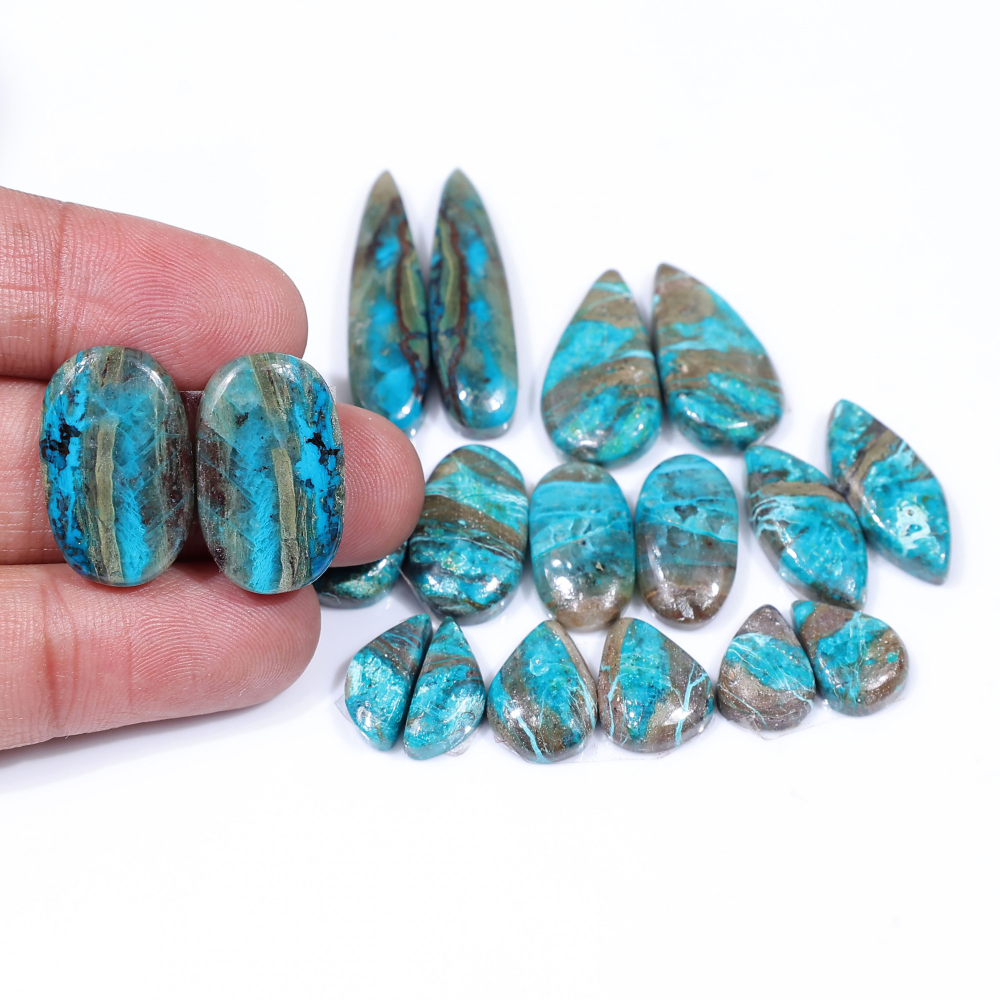 9 Pair 129 Cts  Natural chrysocolla Cabochon Gemstone Pairs Lot for Earrings Jewelry Making 30x7 13x5mm 20123