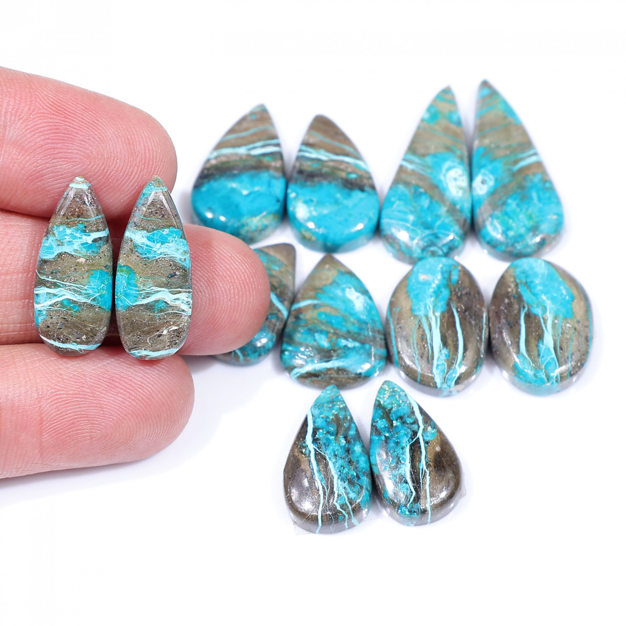 6 Pair 96 Cts Natural chrysocolla Cabochon Gemstone Pairs Lot for Earrings Jewelry Making 25x10 17x12mm 20125