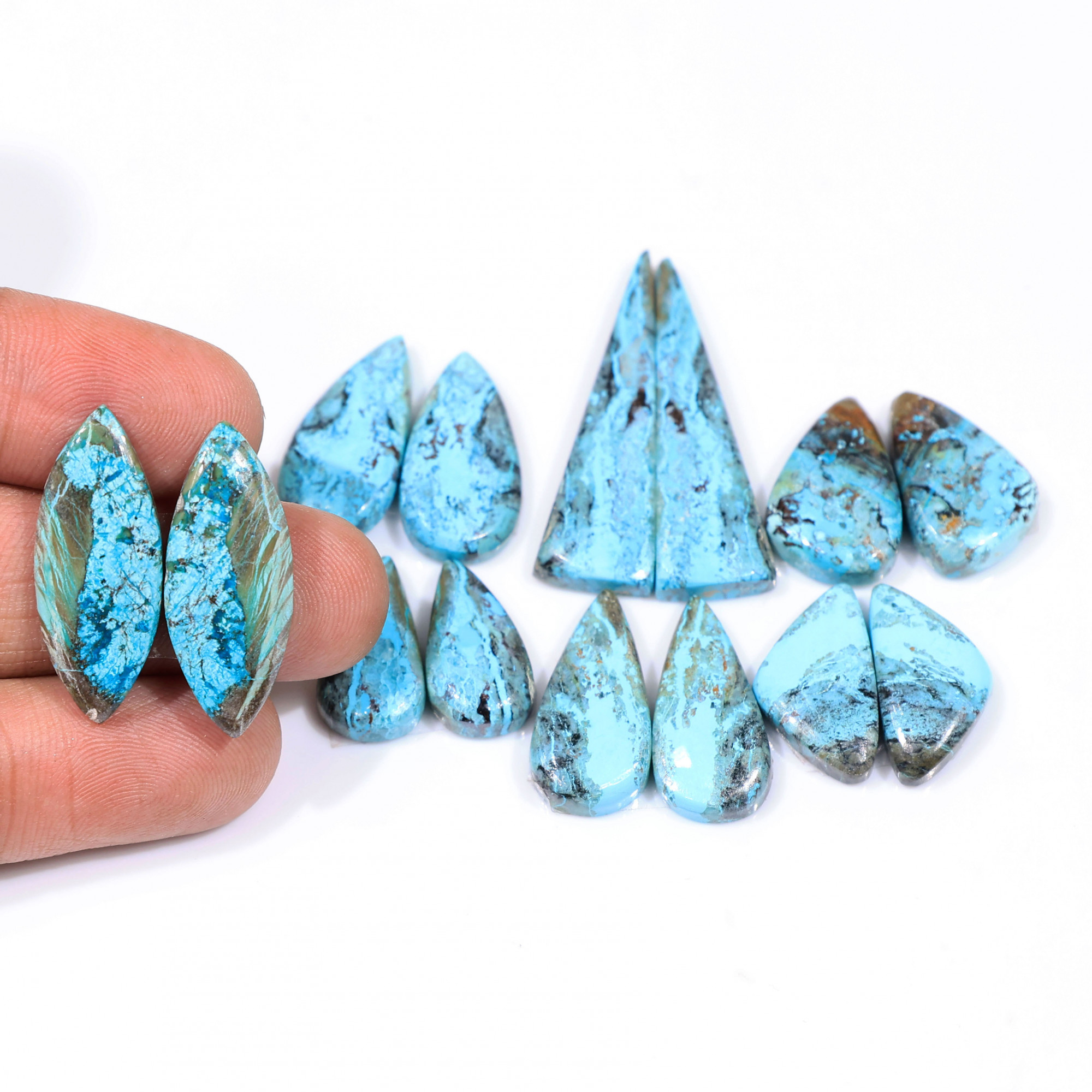 7 Pair 103 Cts  Natural chrysocolla Cabochon Gemstone Pairs Lot for Earrings Jewelry Making 35x10 17x9mm 20127