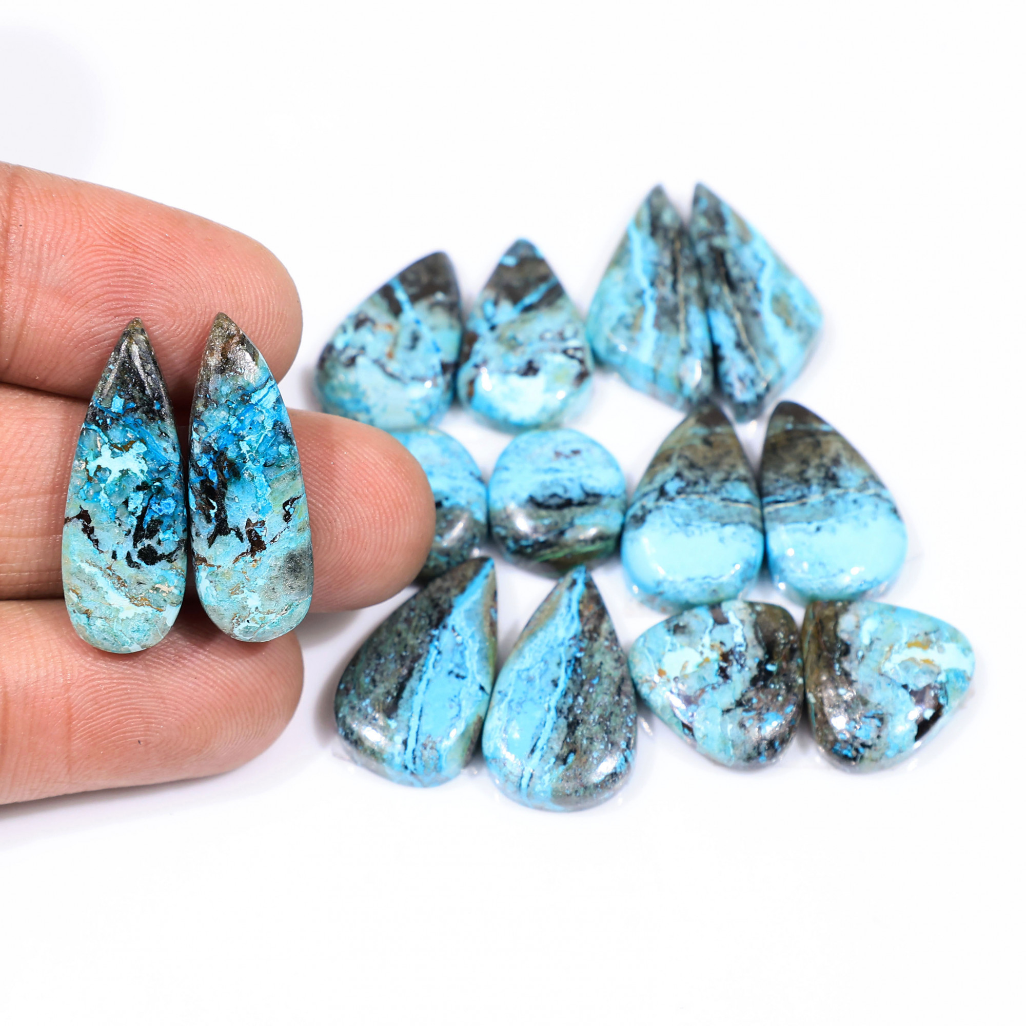 7 Pair 106 Cts  Natural chrysocolla Cabochon Gemstone Pairs Lot for Earrings Jewelry Making 24x8 13x10mm 20128
