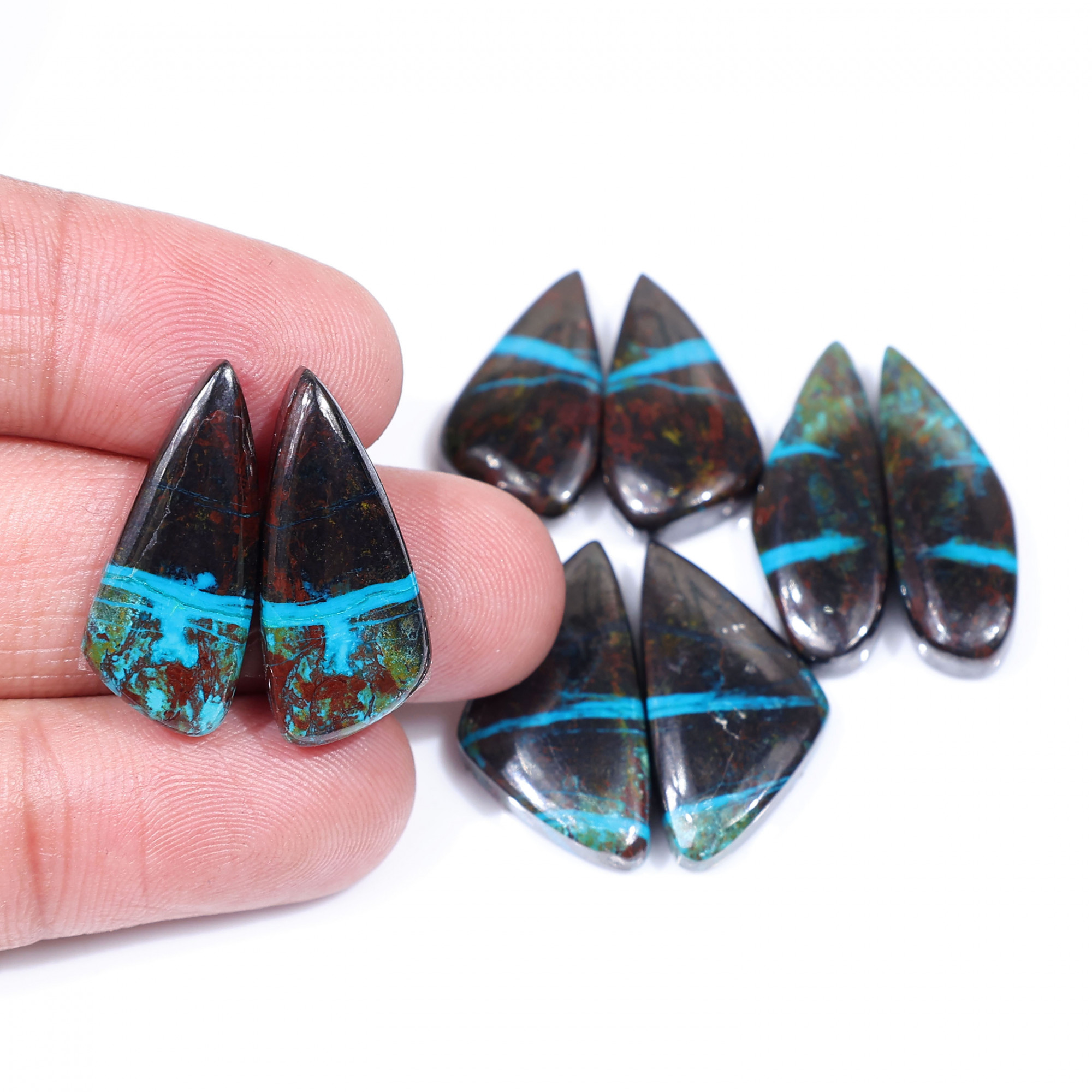 4 Pair 99 Cts  Natural chrysocolla Cabochon Gemstone Pairs Lot for Earrings Jewelry Making 24x10 20x11mm 20131
