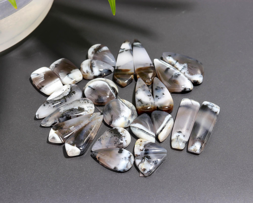 Image of 12 Pair 163 Cts  Natural Dendrite Agate Pair Cabochon Lot Loose Gemstones Jewelry Making 27x9 14x8mm #20034