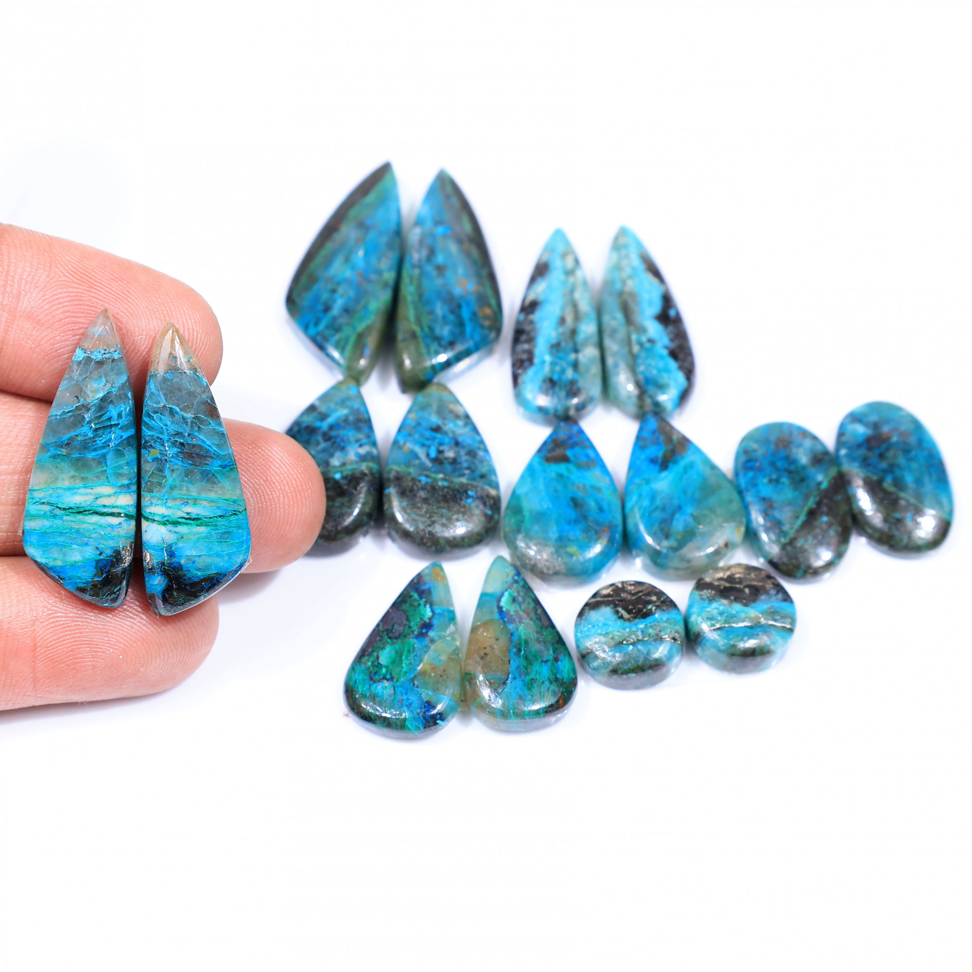 8 Pair 159 Cts  Natural chrysocolla Cabochon Gemstone Pairs Lot for Earrings Jewelry Making 29x10 10x10mm 20134