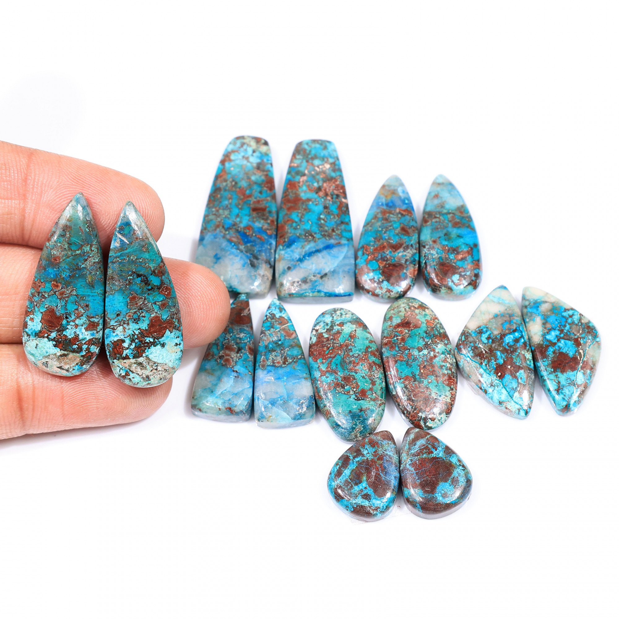7 Pair 188 Cts  Natural chrysocolla Cabochon Gemstone Pairs Lot for Earrings Jewelry Making 33x14 15x11mm 20143