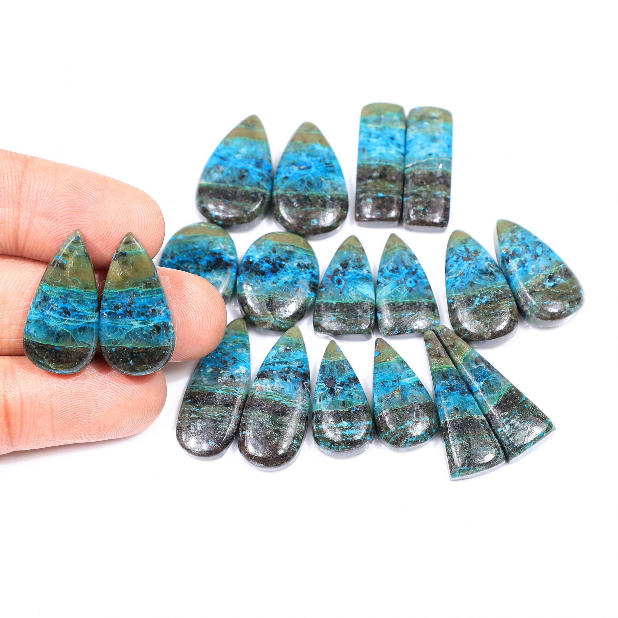 9 Pair 191 Cts  Natural chrysocolla Cabochon Gemstone Pairs Lot for Earrings Jewelry Making 25x8 20x10mm 20144