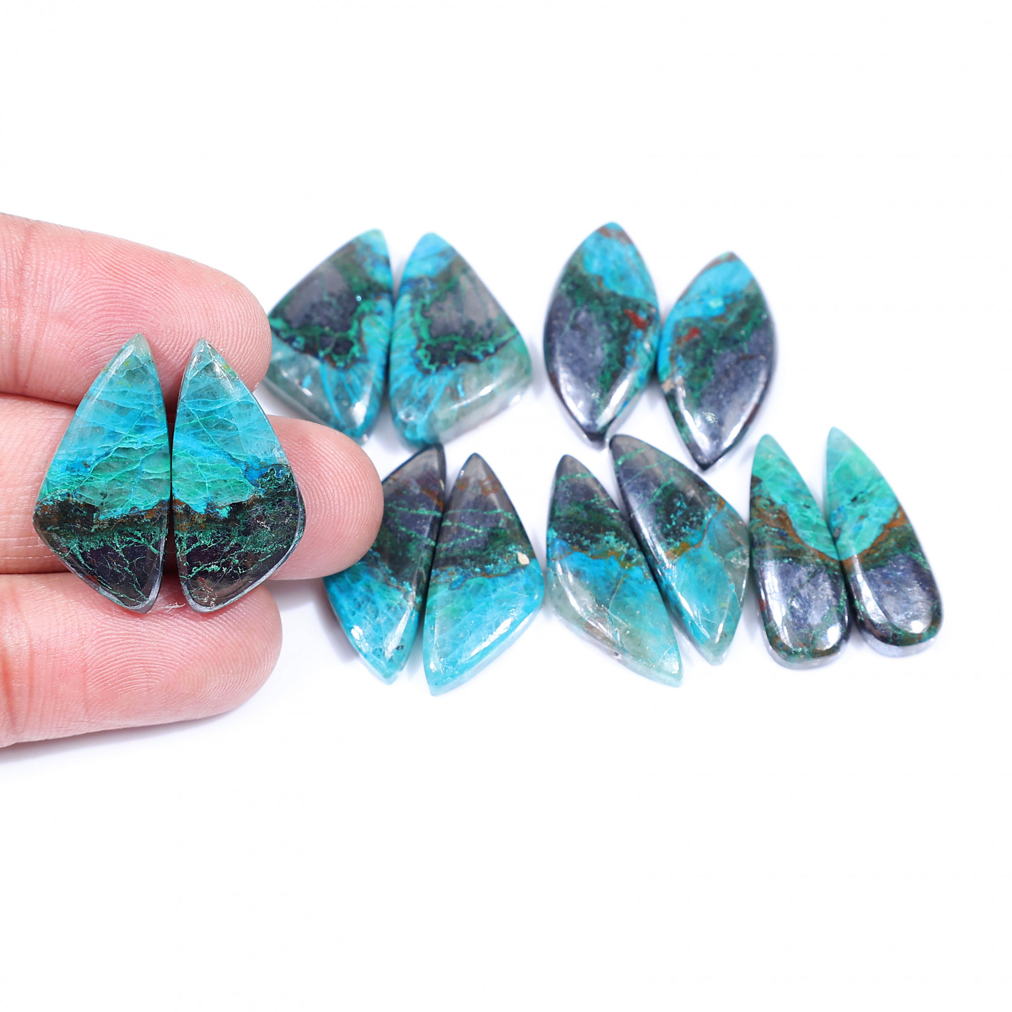 6 Pair 185 Cts Natural chrysocolla Cabochon Gemstone Pairs Lot for Earrings Jewelry Making 24x14 24x8mm 20148