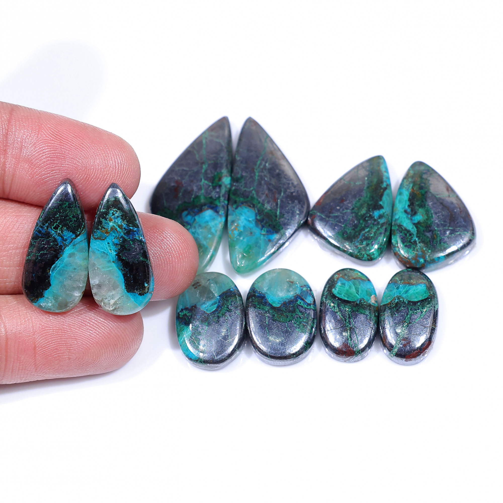 5 Pair 176 Cts Natural chrysocolla Cabochon Gemstone Pairs Lot for Earrings Jewelry Making 32x14 17x10mm 20154