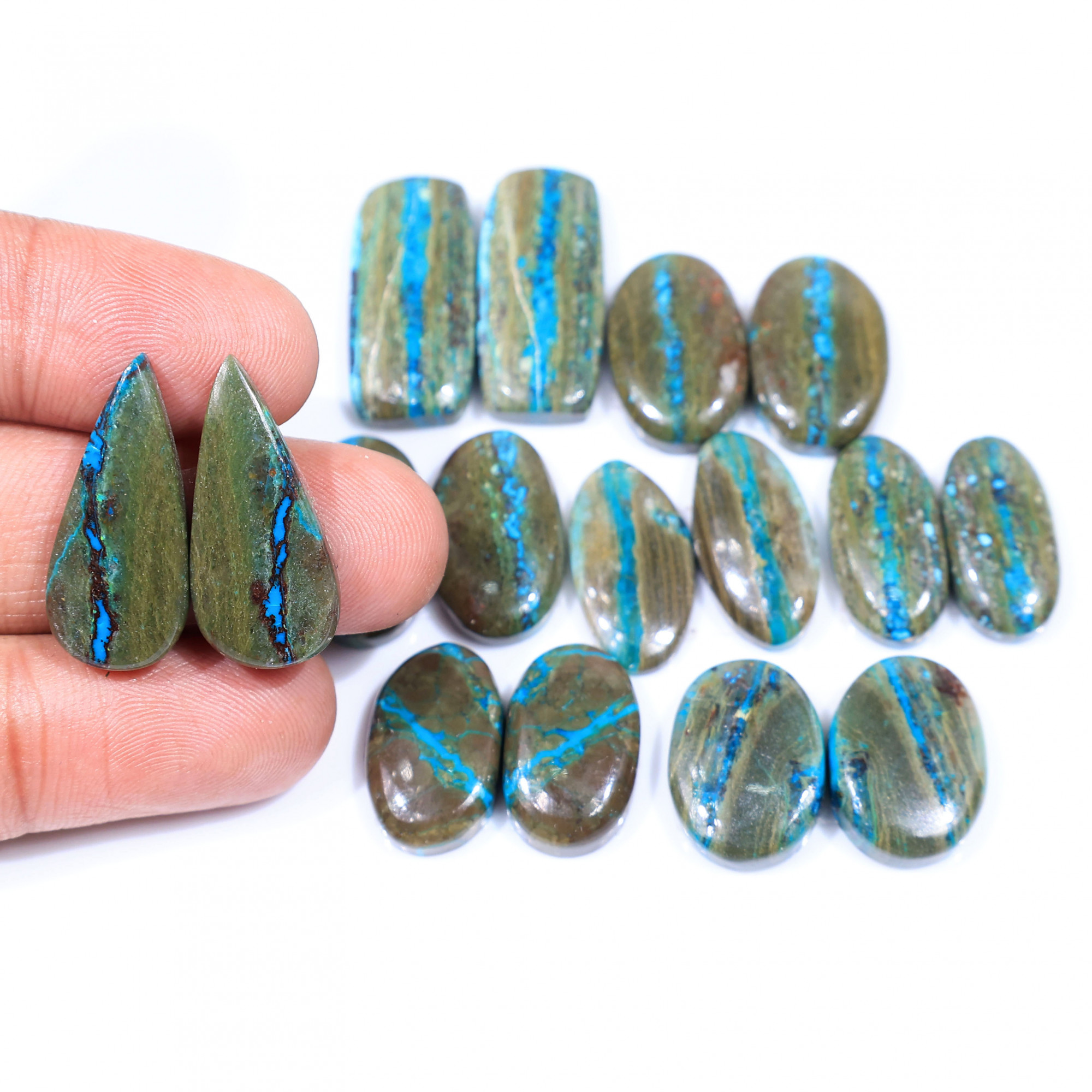 8 Pair 152 Cts Natural chrysocolla Cabochon Gemstone Pairs Lot for Earrings Jewelry Making 24x11 19x9mm 20155