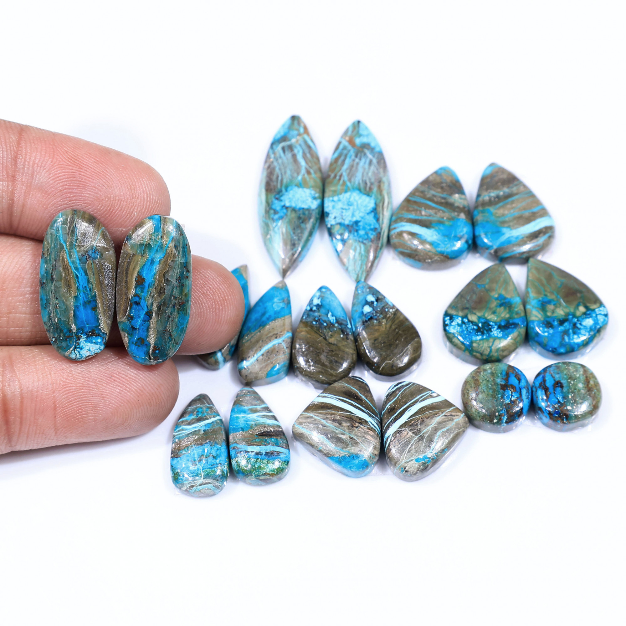 9 Pair 133 Cts Natural chrysocolla Cabochon Gemstone Pairs Lot for Earrings Jewelry Making 30x10 10x10mm 20156