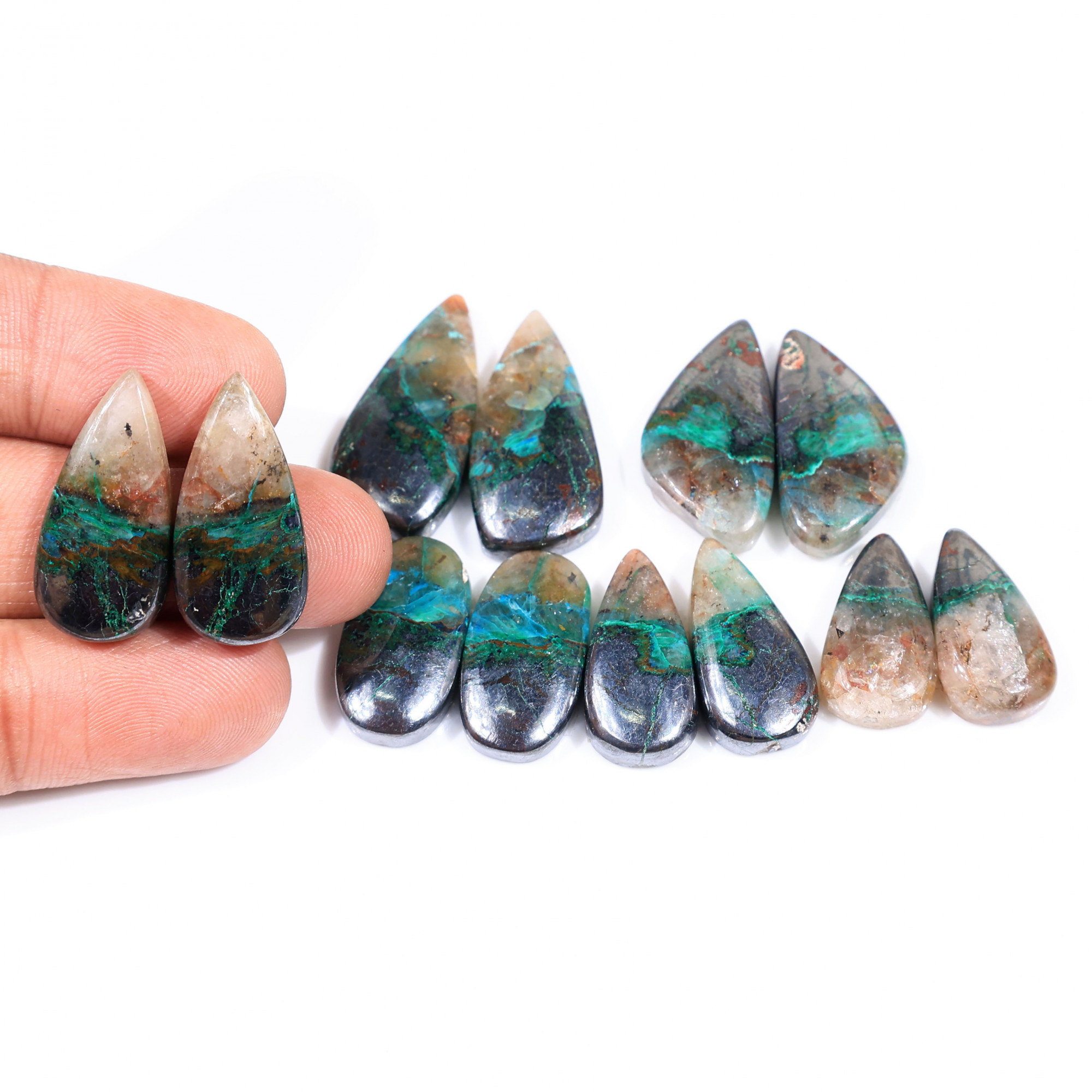 6 Pair 214 Cts  Natural chrysocolla Cabochon Gemstone Pairs Lot for Earrings Jewelry Making 27x13 20x10mm 20159