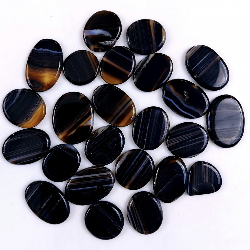 24Pcs 401Cts Natural Black Onyx Banded Agate Loose Cabochon Both Side Flat Polish Gemstone 26x20 18x16mm#G-2006
