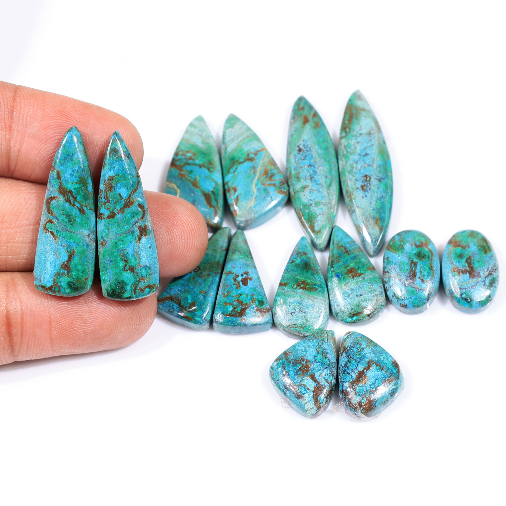 7 Pair 124 Cts Natural chrysocolla Cabochon Gemstone Pairs Lot for Earrings Jewelry Making 32x9 15x9mm 20160