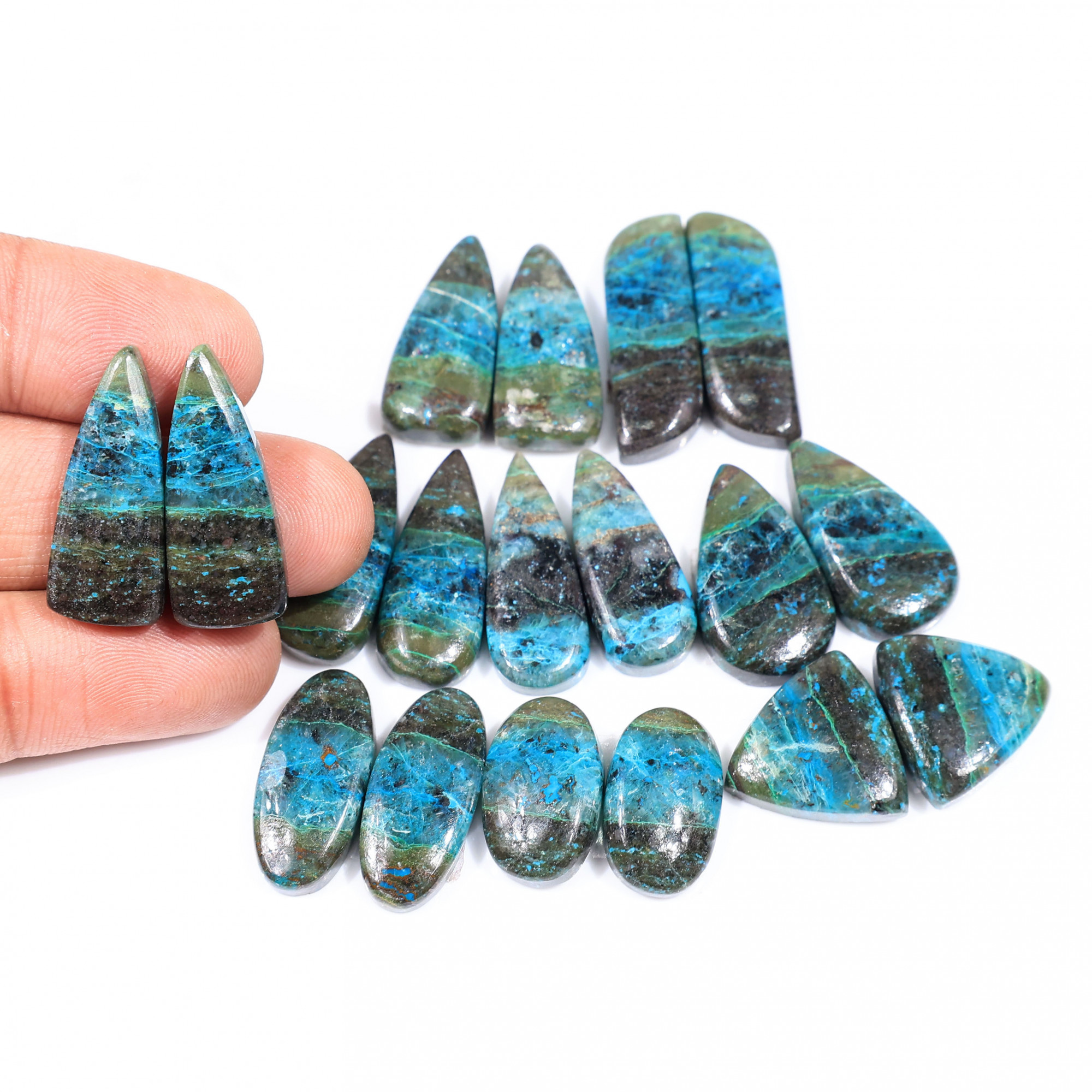 9 Pair 208 Cts Natural chrysocolla Cabochon Gemstone Pairs Lot for Earrings Jewelry Making 27x9 18x10mm 20163