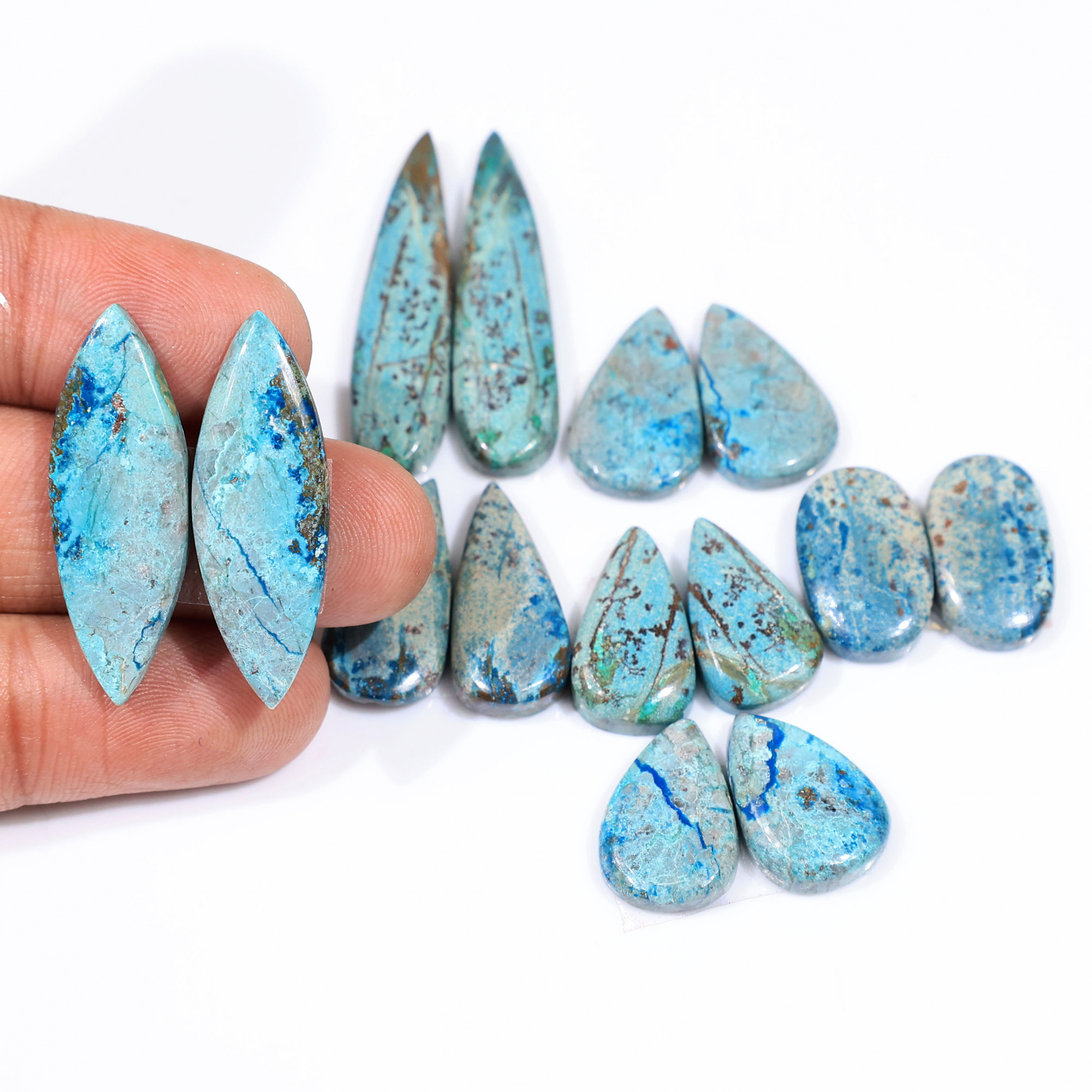 7 Pair 117 Cts Natural chrysocolla Cabochon Gemstone Pairs Lot for Earrings Jewelry Making 36x8 16x11mm 20164