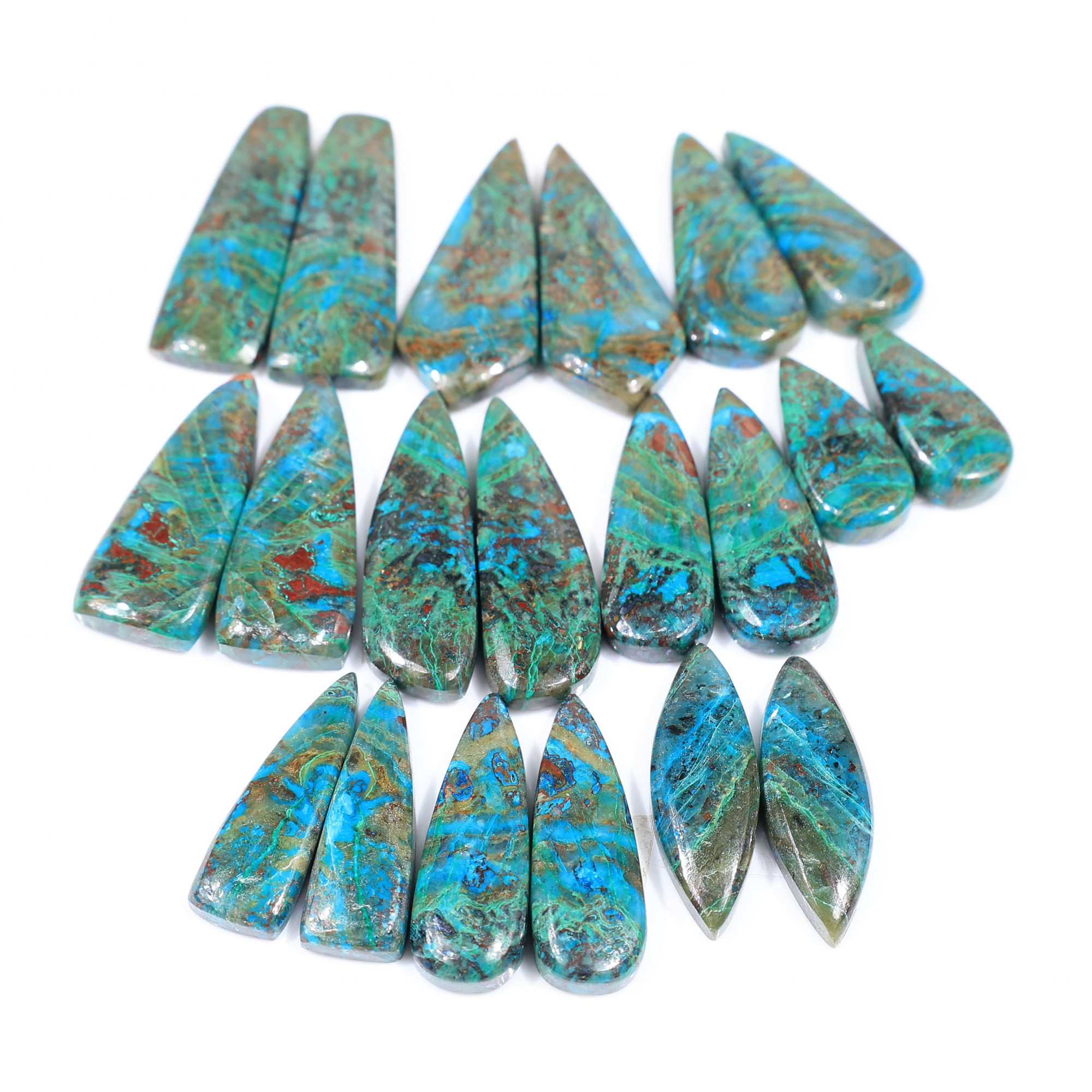 10 Pair 244 Cts  Natural chrysocolla Cabochon Gemstone Pairs Lot for Earrings Jewelry Making 34x10 21x10mm 20165