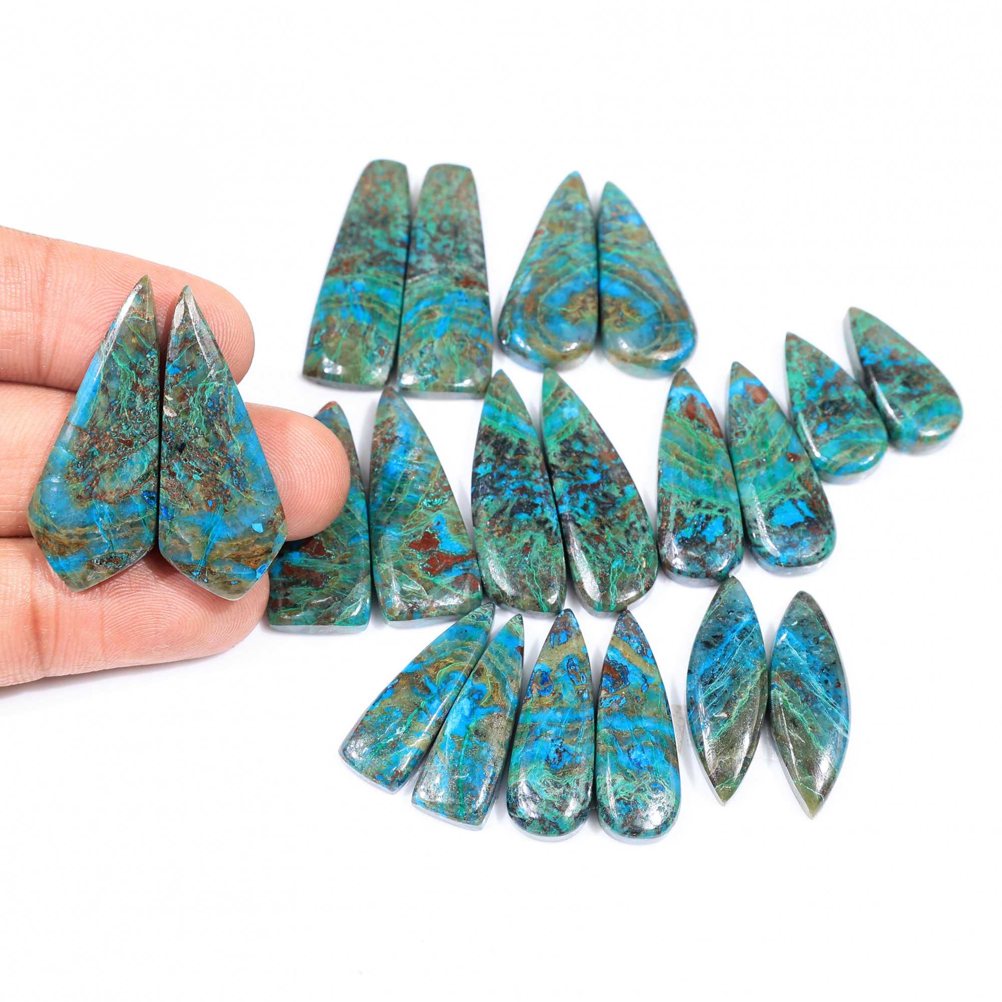 10 Pair 244 Cts  Natural chrysocolla Cabochon Gemstone Pairs Lot for Earrings Jewelry Making 34x10 21x10mm 20165