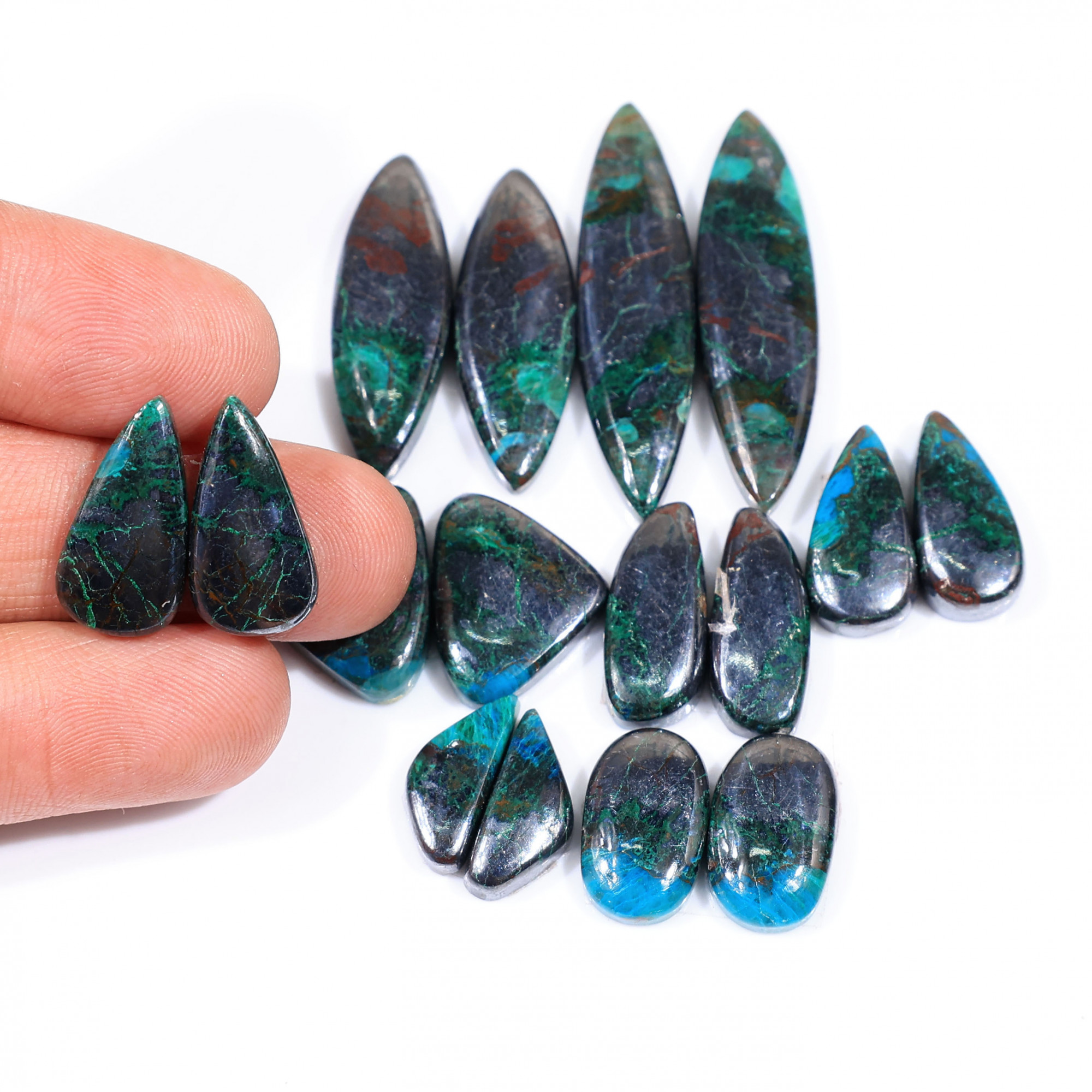 8 Pair 225 Cts  Natural chrysocolla Cabochon Gemstone Pairs Lot for Earrings Jewelry Making 38x10 15x6mm 20166