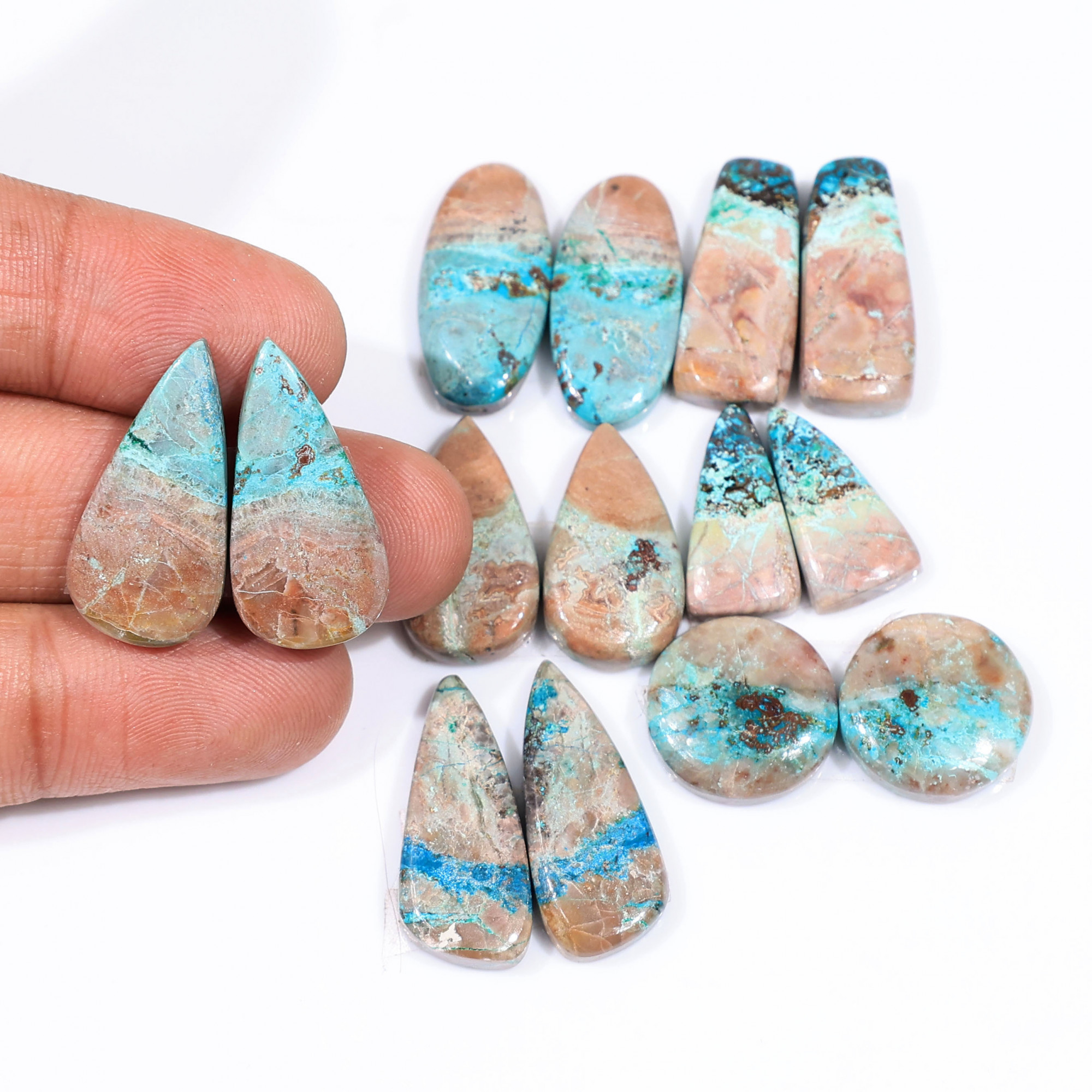 7 Pair 135 Cts  Natural chrysocolla Cabochon Gemstone Pairs Lot for Earrings Jewelry Making 24x12 18x9mm 20167