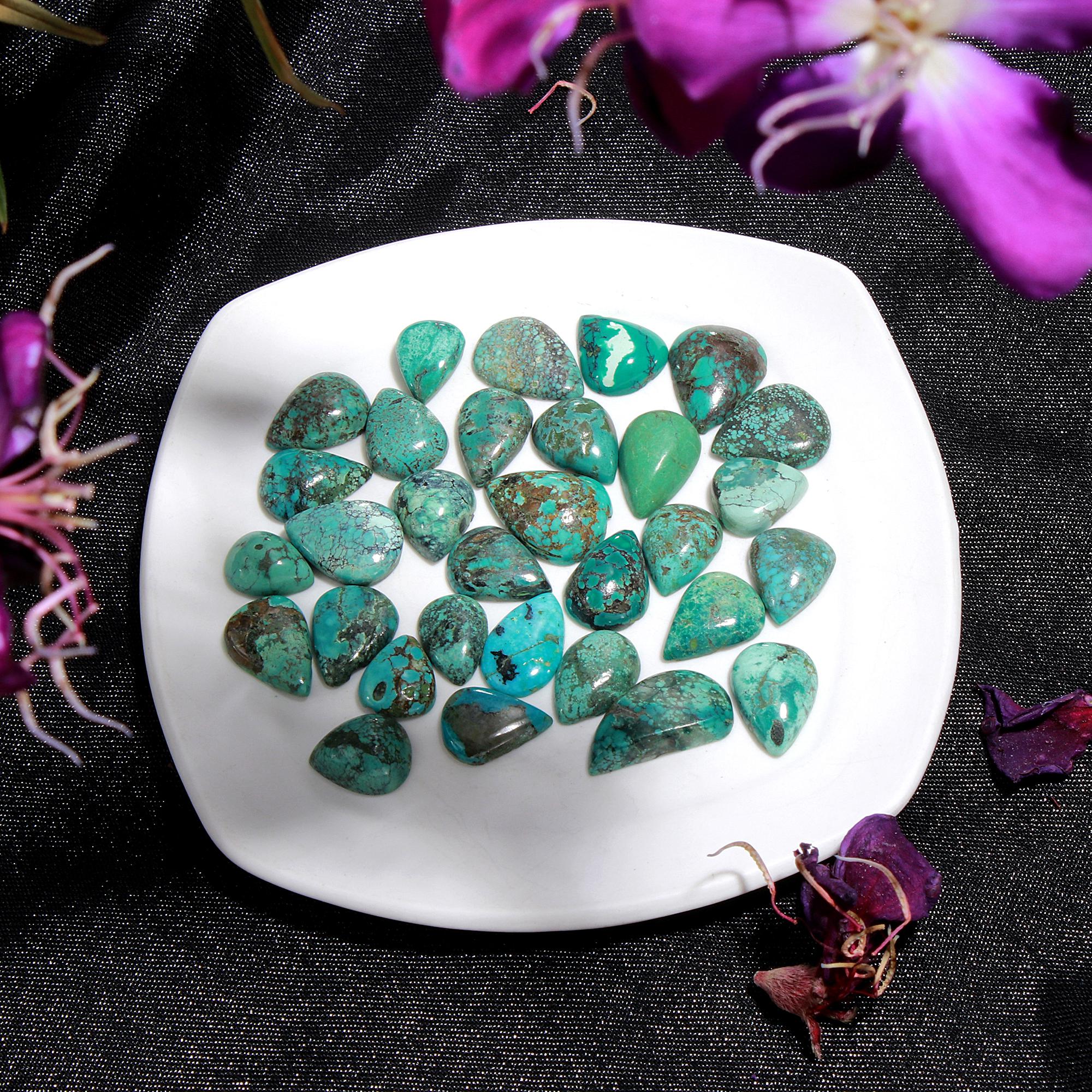 31 Pcs 94CTS Natural Tibet Turquoise Pear Shape Cabochon Loose Gemstone Wholesale Lot Size 16x12 11x9mm