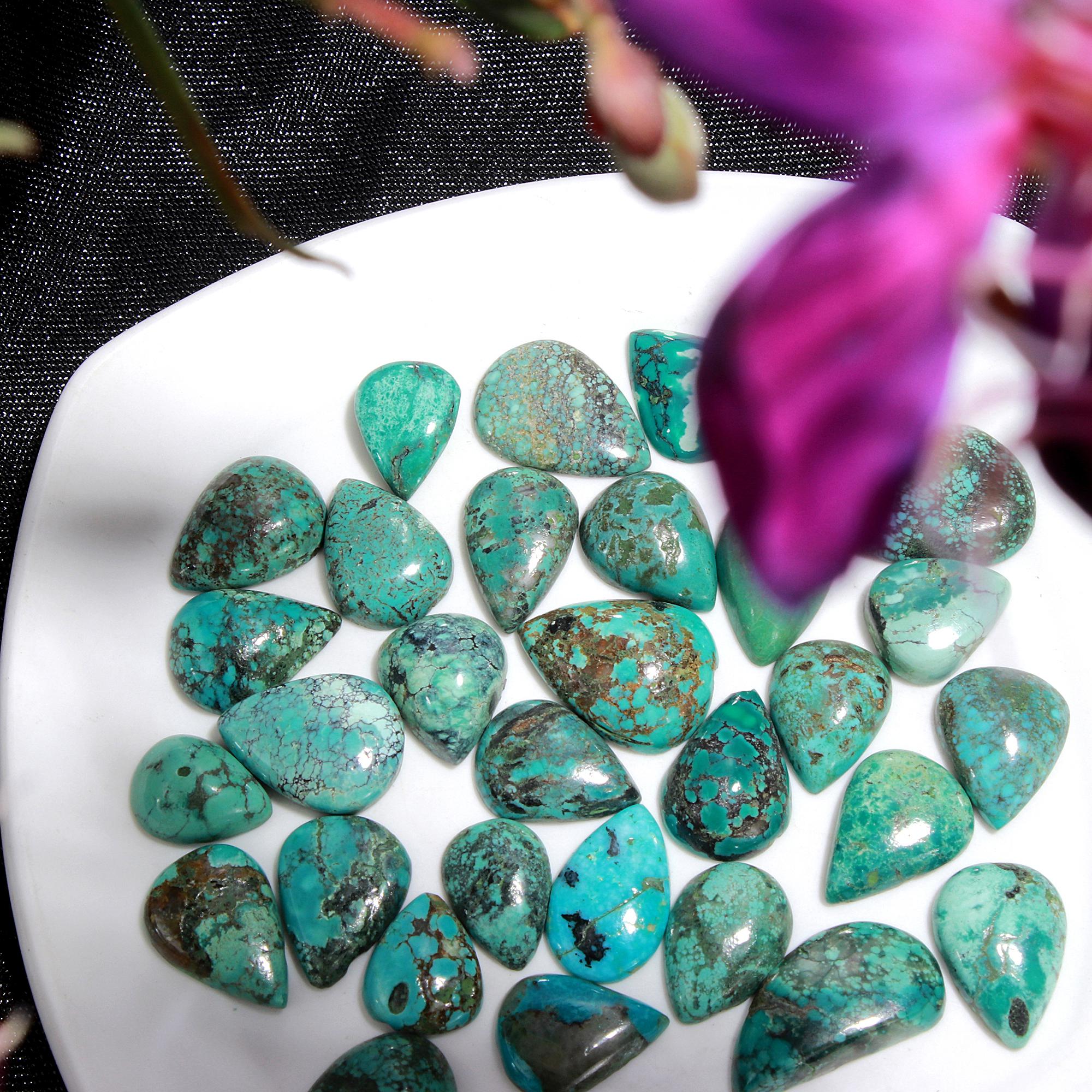 31 Pcs 94CTS Natural Tibet Turquoise Pear Shape Cabochon Loose Gemstone Wholesale Lot Size 16x12 11x9mm