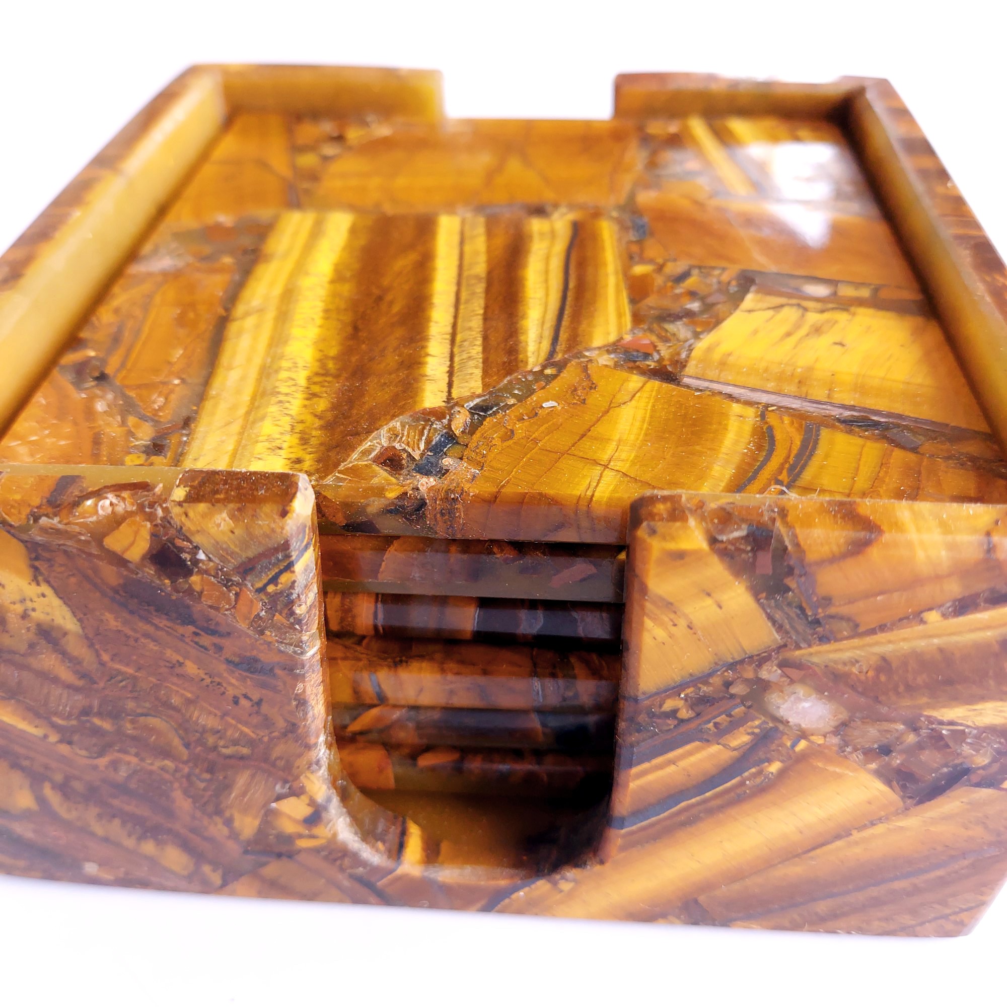 Natural Tiger Eye Square coaster set of 6pcs with 1 holder gemstone 4inch coasters for drink
