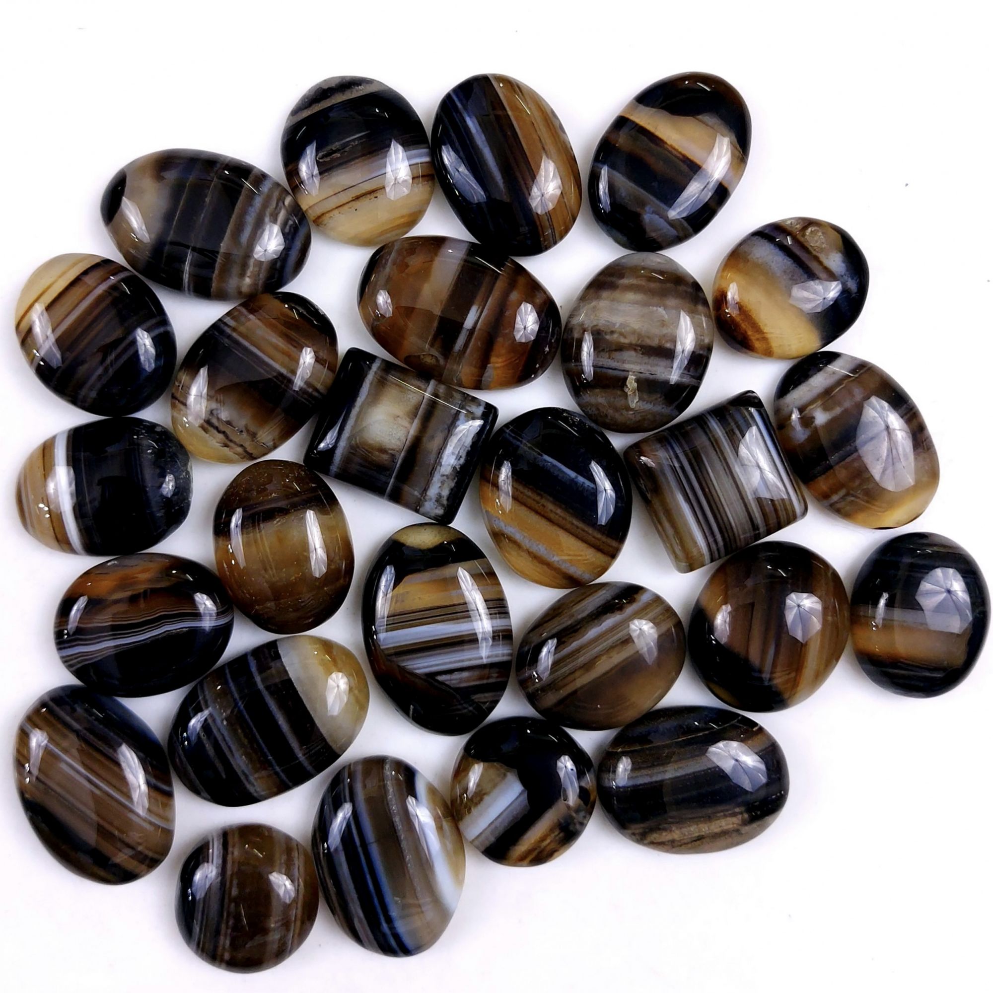 26Pcs 525Cts Natural Black Onyx Banded Agate Loose Cabochon Back Side Flat Gemstone Lot 23x15 15x15mmG-2026