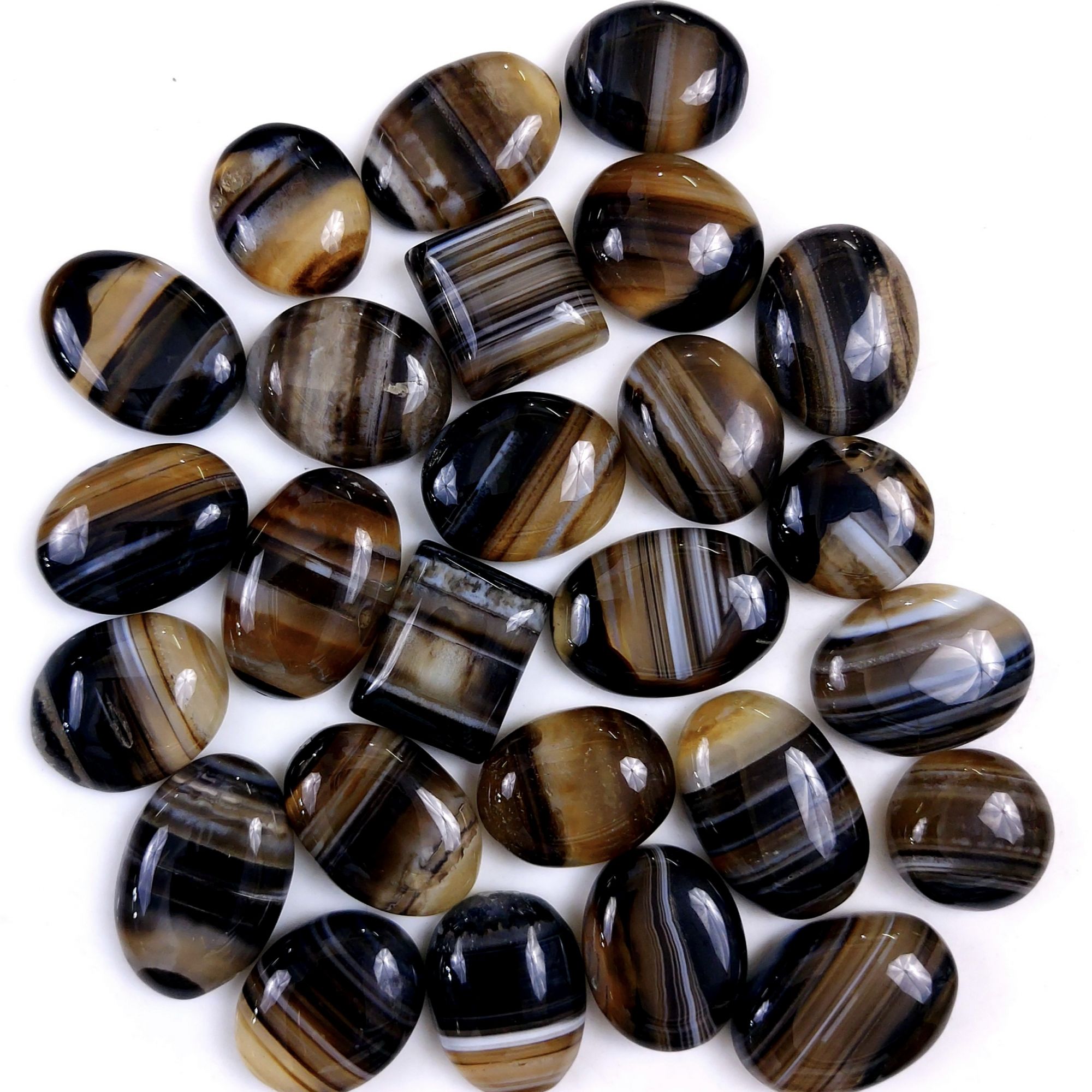 26Pcs 525Cts Natural Black Onyx Banded Agate Loose Cabochon Back Side Flat Gemstone Lot 23x15 15x15mmG-2026