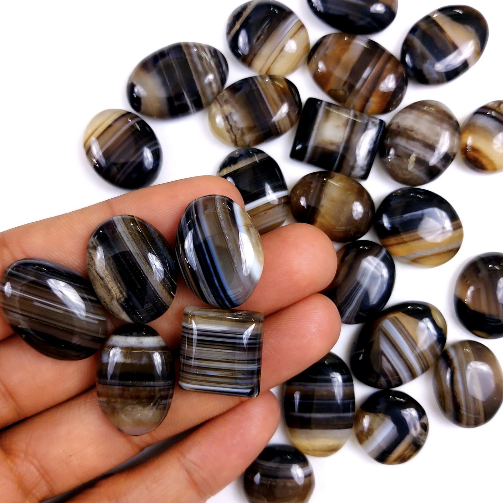 26Pcs 525Cts Natural Black Onyx Banded Agate Loose Cabochon Back Side Flat Gemstone Lot 23x15 15x15mmG-2026
