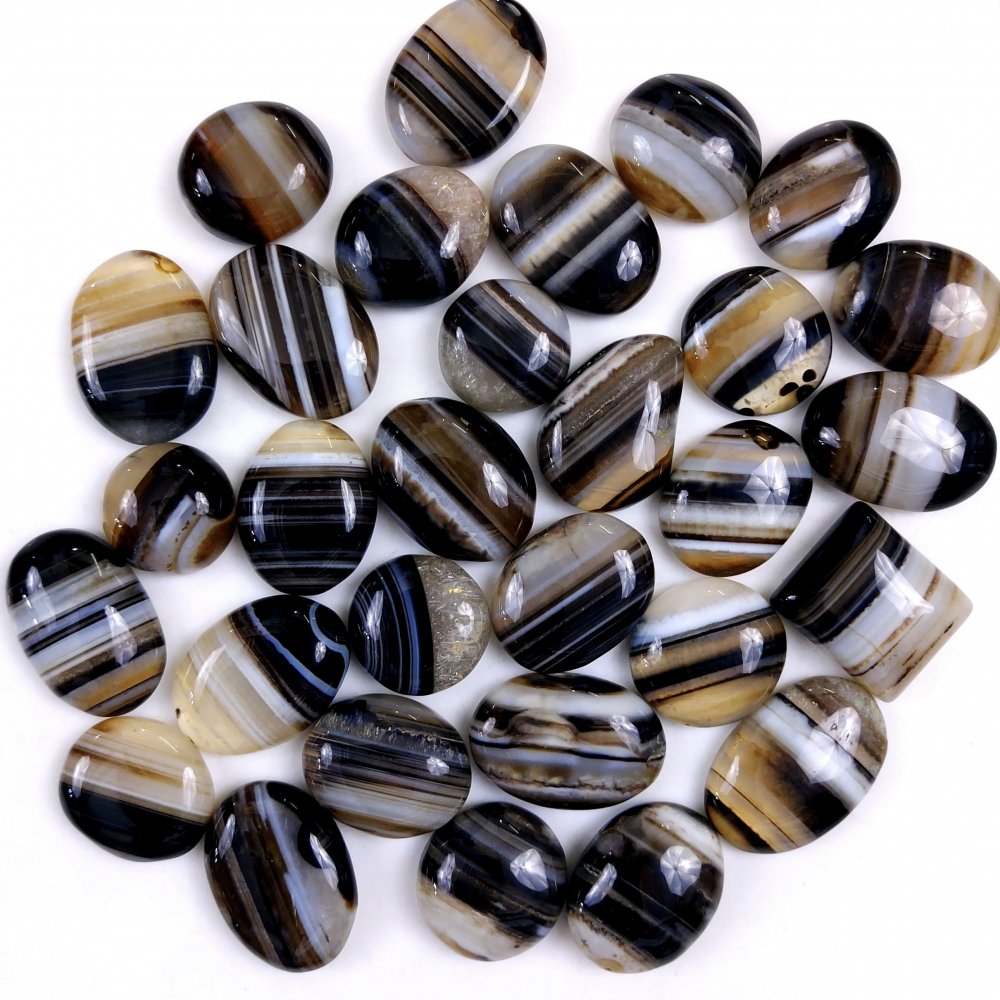 30Pcs 584Cts Natural Black Onyx Banded Agate Loose Cabochon Back Side Flat Gemstone Lot 17x15 15x15mm#G-2028