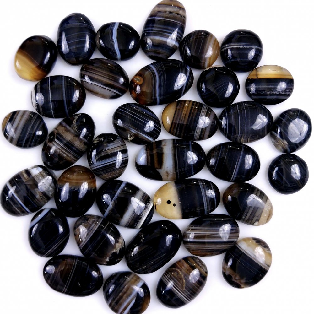34Pcs 510Cts Natural Black Onyx Banded Agate Loose Cabochon Back Side Flat Gemstone Lot 23x13 12x12mm#G-2031