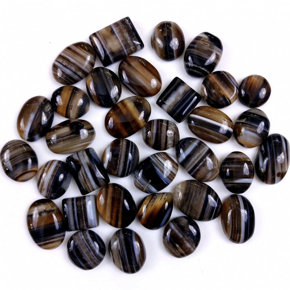 33Pcs 506Cts Natural Black Onyx Banded Agate Loose Cabochon Back Side Flat Gemstone Lot 20x13 12x12mm#G-2032