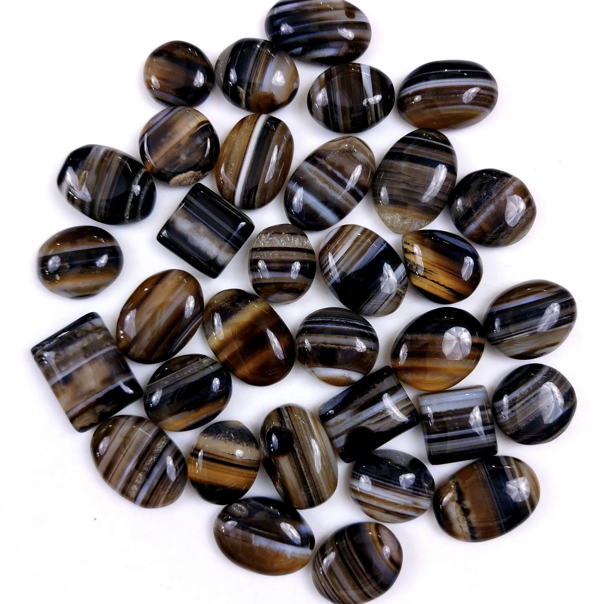 33Pcs 506Cts Natural Black Onyx Banded Agate Loose Cabochon Back Side Flat Gemstone Lot 20x13 12x12mmG-2032