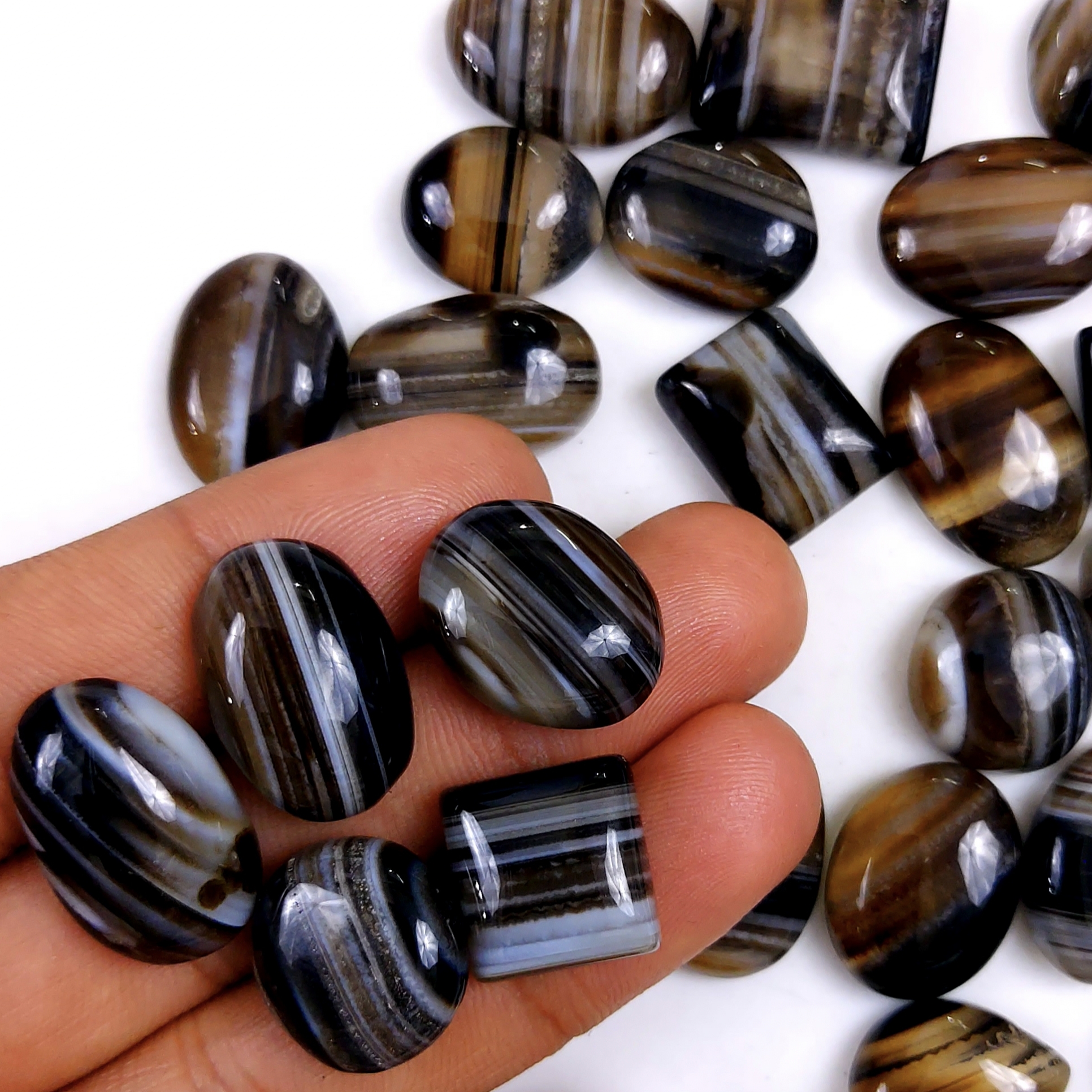 33Pcs 506Cts Natural Black Onyx Banded Agate Loose Cabochon Back Side Flat Gemstone Lot 20x13 12x12mmG-2032