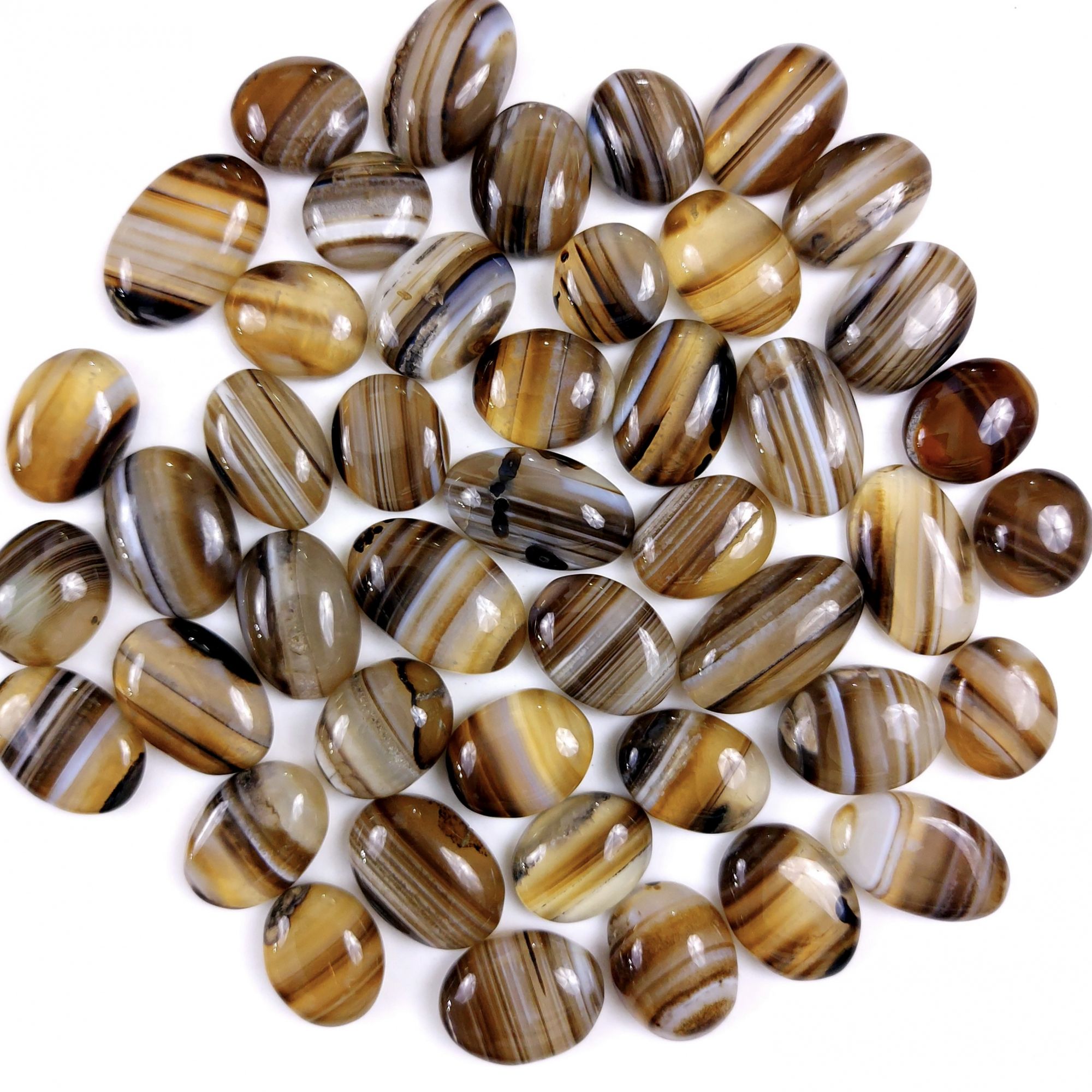 45Pcs 741Cts Natural Black Onyx Banded Agate Loose Cabochon Back Side Flat Gemstone Lot 22x13 12x12mmG-2034